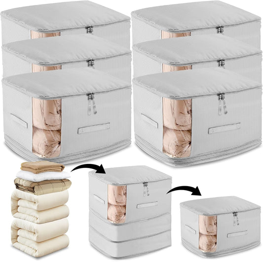 6 Pack Space Saving Comforter Storage Bag with Handle, 3-Layer Compression Blanket Storage Bags Adjustable In 3 Sizes (142L, 107L, 71L), Washable Bedding Organizer For Pillow Duvet Clothing Plush Toy