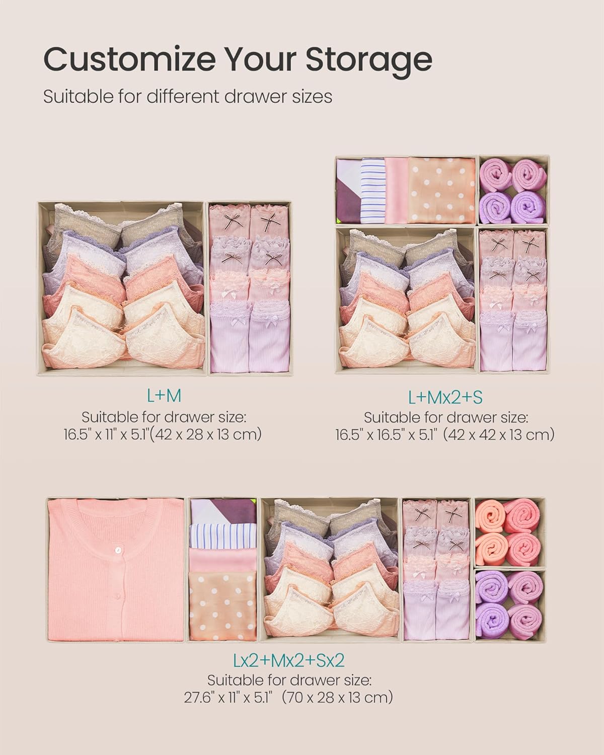 SONGMICS Drawer Organizers, Dresser Divider Organizers, Set of 12, Foldable Fabric Storage Boxes for Socks, Underwear, Bras, Ties, Scarves, Summer Sand URDZ006Y02