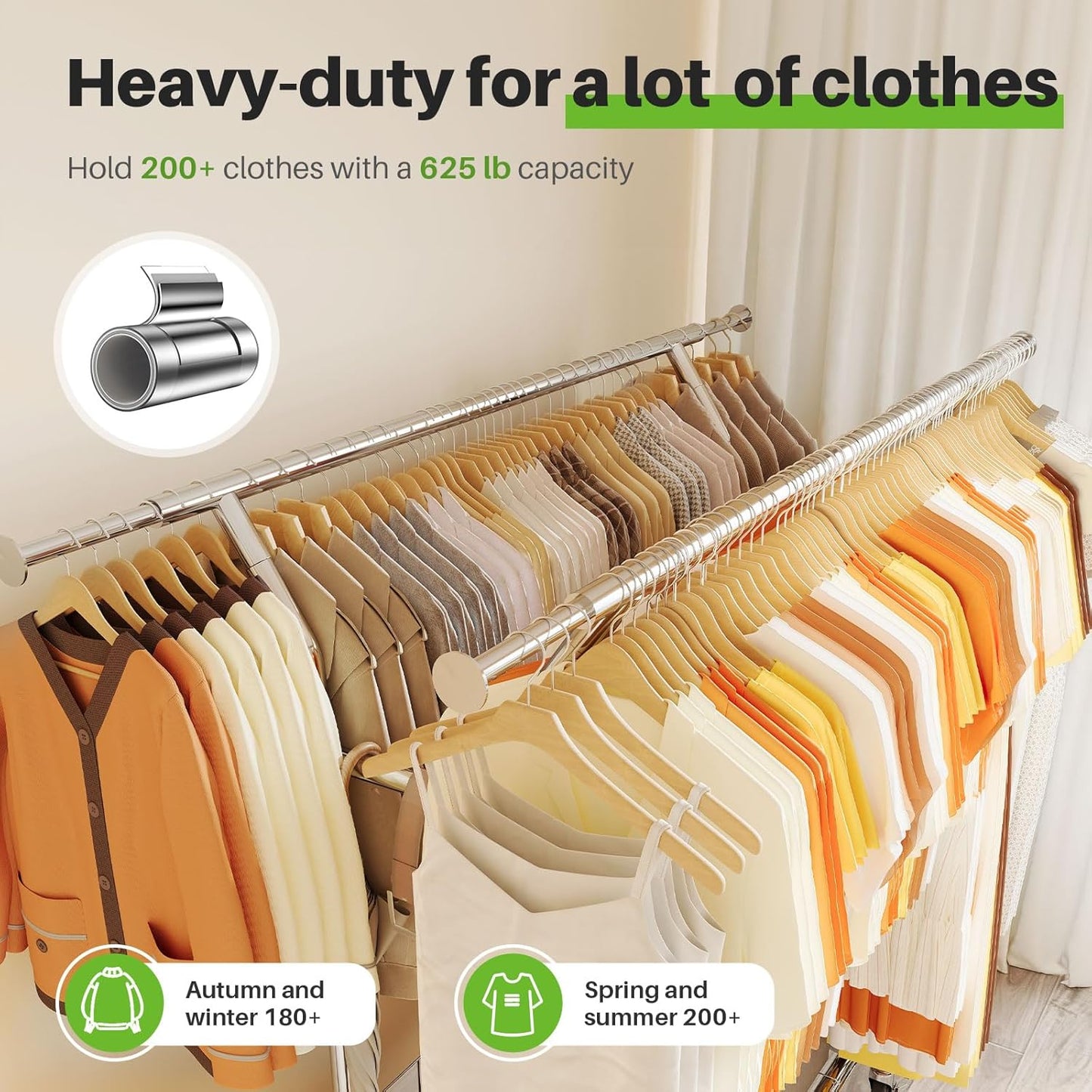 HOKEEPER Heavy Duty Clothes Rack Load 625 LBS, Clothing Rack for Hanging Clothes Adjustable Rolling Garment Rack with Wheels for Bedroom, Living Room (Double Rod with Metal Basket)