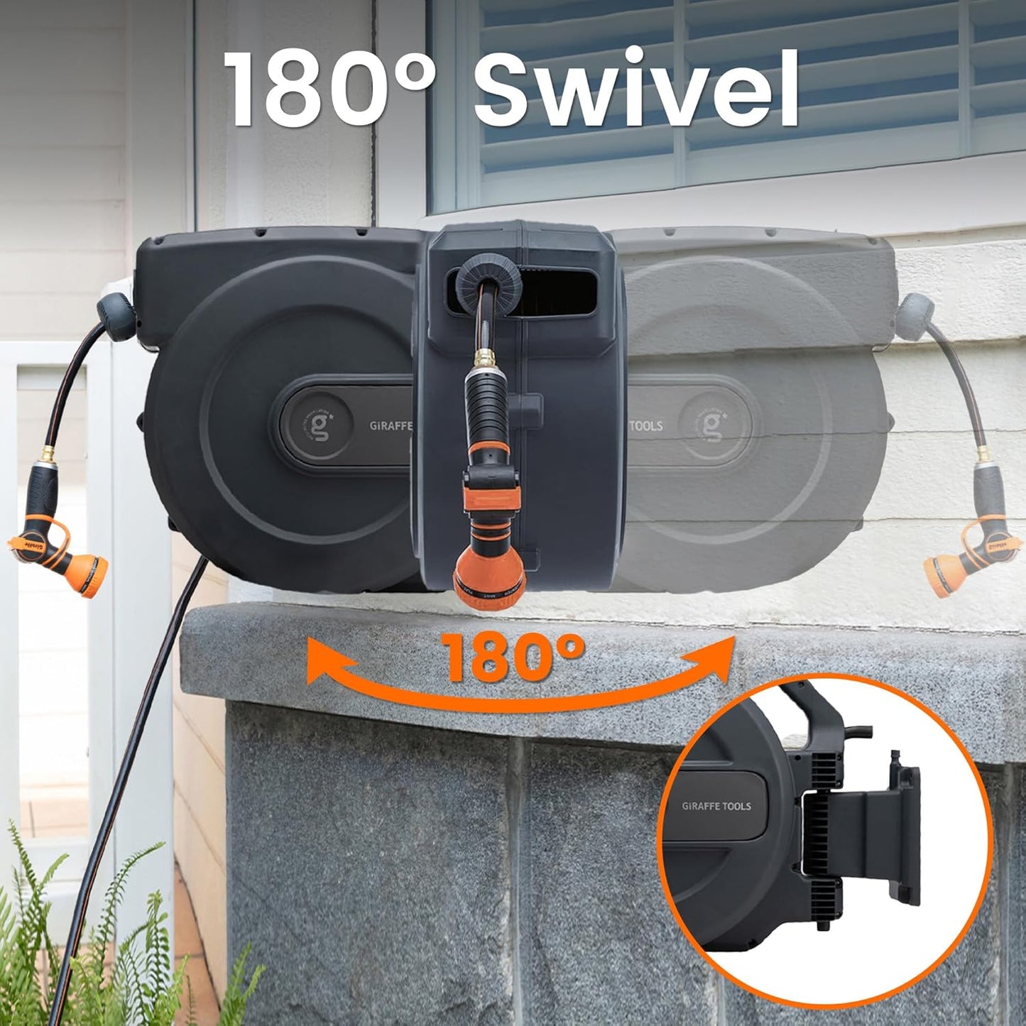 Giraffe Tools AW505/8 Retractable Garden Hose Reel 5/8" x 115+5 ft, Heavy Duty Wall Mounted Water Hose Reel Automatic Rewind, 180 Deg Swivel Bracket, Slow Retraction, 115ft, Dark Grey