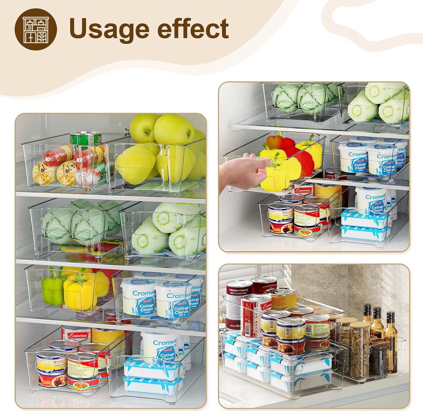Clear Fridge Organizer, Refrigerator Organizer Bins with Handle, Freezer, Kitchen Cabinet, Pantry Organization, BPA Free Fridge Organizers (12.4 inch 4 Pack)