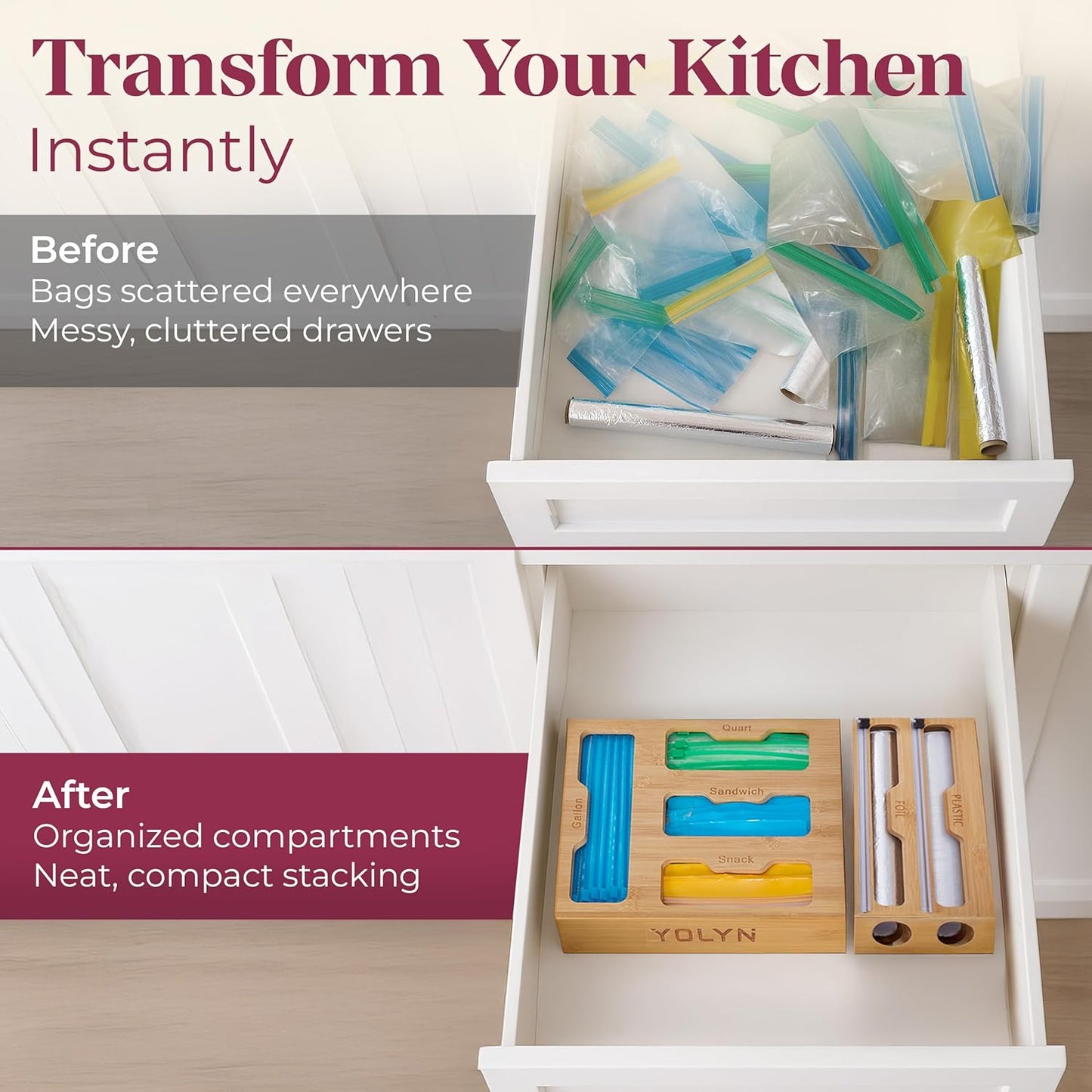 Bamboo Kitchen Storage Bag Organizer, Drawer Organizer with Foil Dispenser, Bamboo Organizer for Sandwich Bags, Plastic Wrap, Baggie and Foil, Premium Kitchen Drawer Organizer
