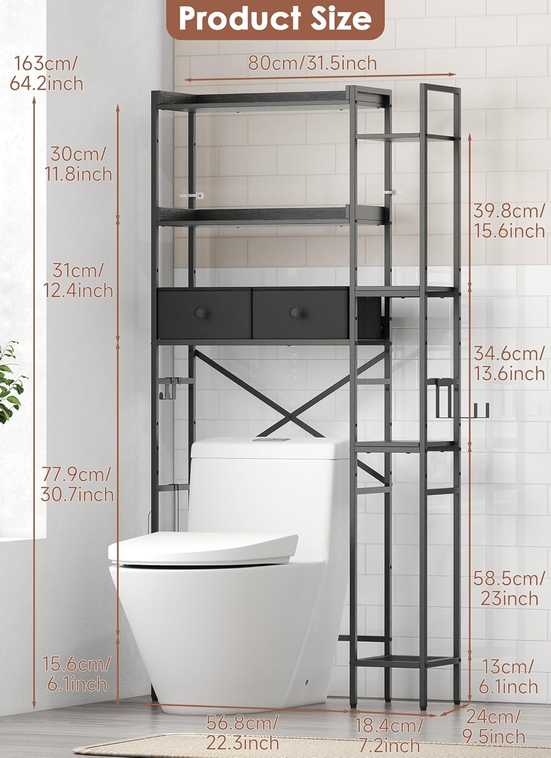 Over The Toilet Storage Rack, 7-Tier Over Toilet Bathroom Organizer with Adjustable Shelf, Above Toilet Storage Cabinet with Hooks, Space-Saving, Brown Shelf
