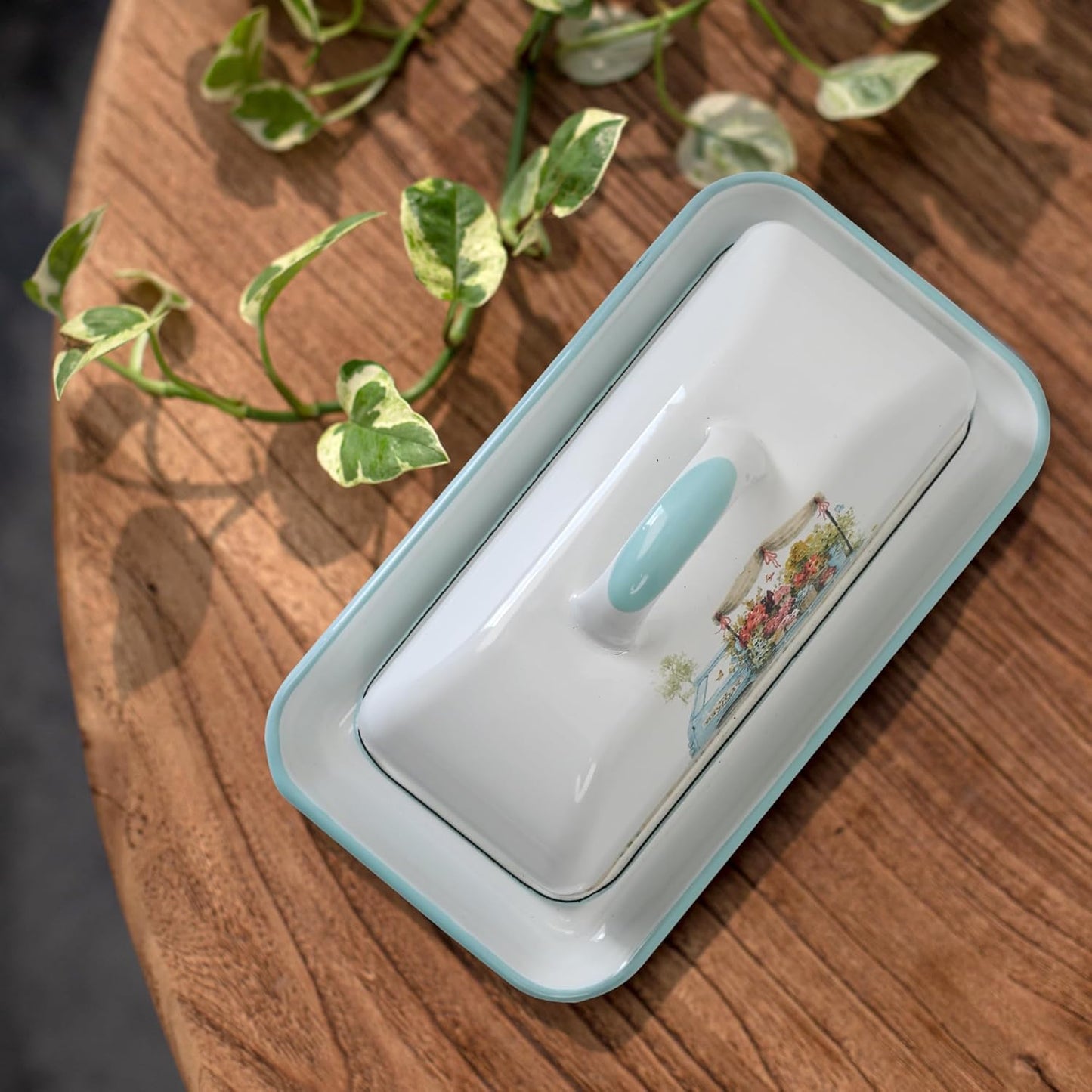 Enamel Butter Dish with Lid Vintage Enamelware Butter Keeper with Flower and Bird Patterns Farmhouse Butter Container Butter holder for Countertop Kitchen Decor (Lightblue)