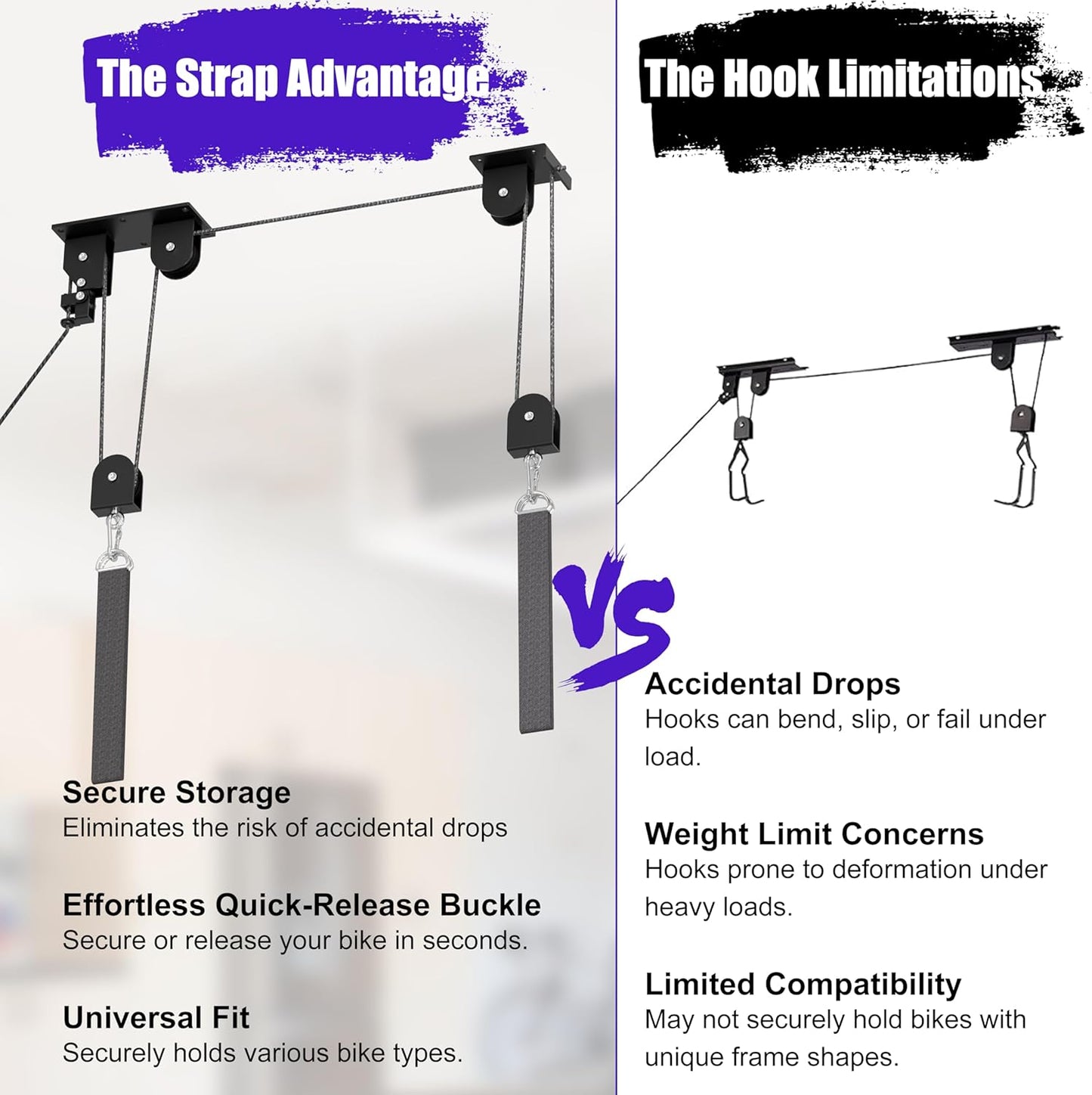 2 Pack Bike Hoist, Heavy Duty Ebike Lift Pulley System for Garage Ceiling Overhead Storage for Bicycle, Ladders, Snowboard, Holds Up to 85 lbs Capacity, Fit 10-16 Foot High Ceilings