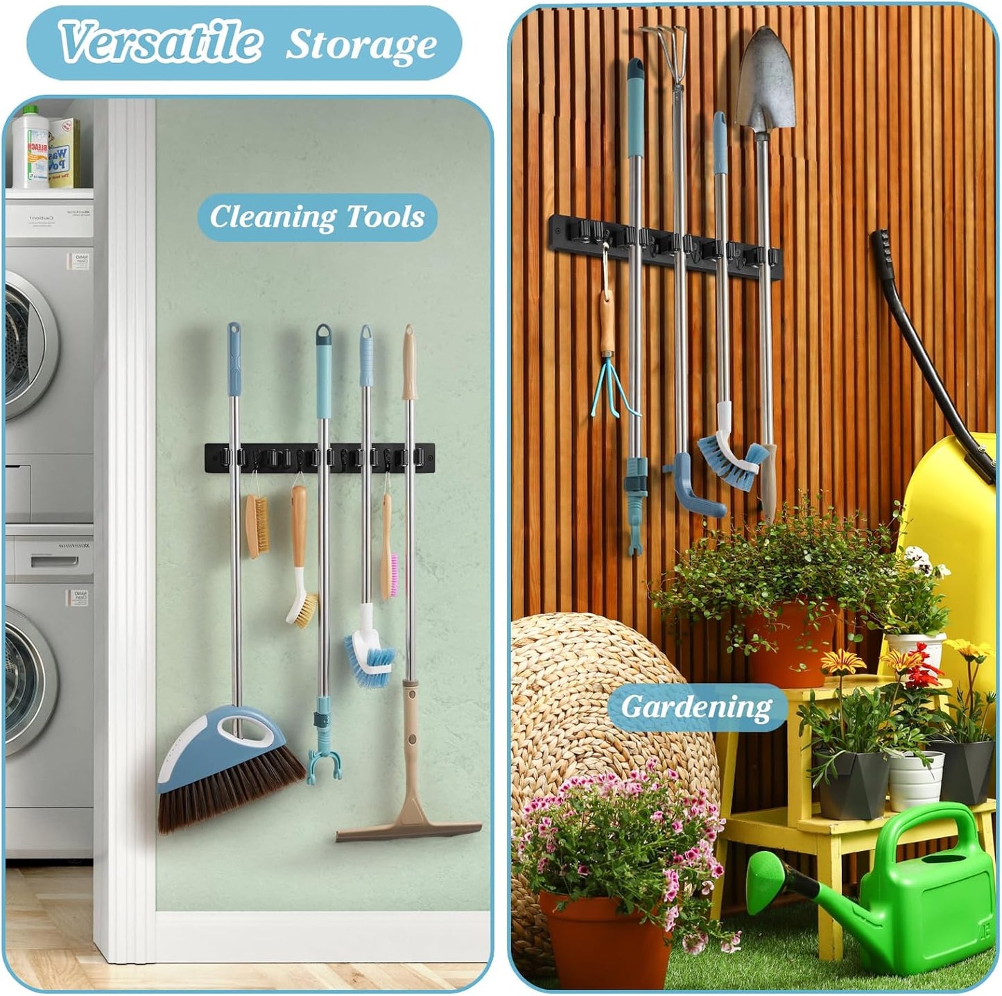 Black Broom Holder Wall Mount - Heavy Duty Wood Mop and Broom Organizer with 5 Slots & 4 Hooks - Sturdy Garden Tool Hanger for Laundry Room Closet Kitchen Garage Storage and Organization