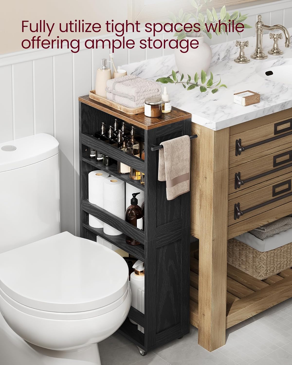 VASAGLE 4-Tier Slide-Out Storage Cart, Slim Kitchen Cart for Small Spaces, with Wheels, Handle, Bathroom, Laundry Room, 7.9 x 17 x 34.1 Inches, Ebony Black and Rustic Brown ULRC051K02