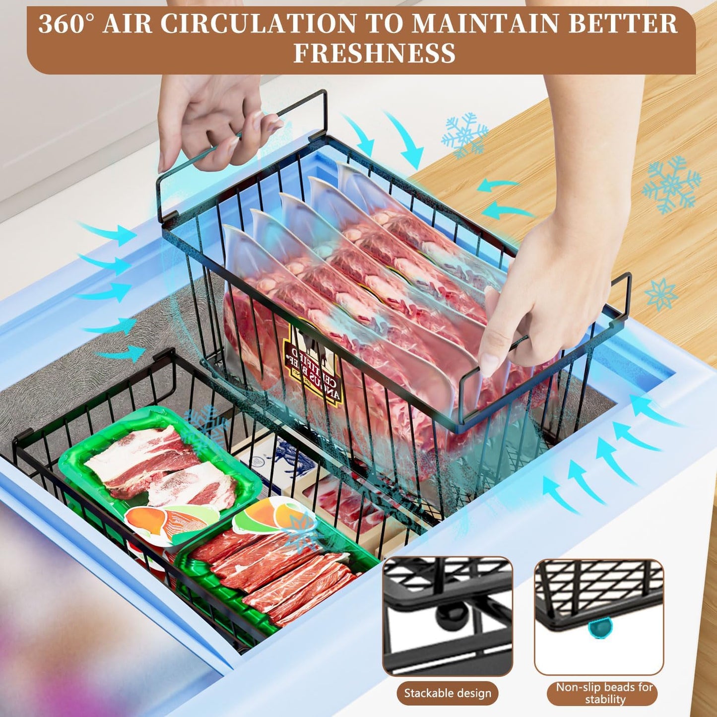 Enhanced Leak-Proof Bottom - Freezer Organizer Bins ，6 Pack Stackable Deep Freezer Organizer Bins for 7 Cu.FT Small Chest Freezer，Easy Get Bottom Foods without Digging