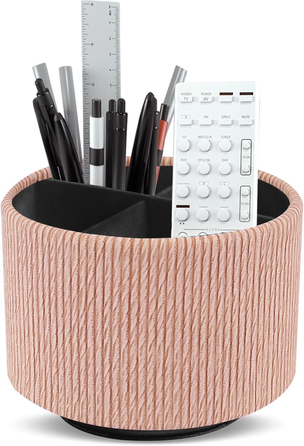 Round Leather Art Supply Organizer,Remote Control Holder,360 Degree Spinning,Multi-Functional Pencil Holder,4 Compartments Desktop Stationary Organizer(1-Wood Apricot)