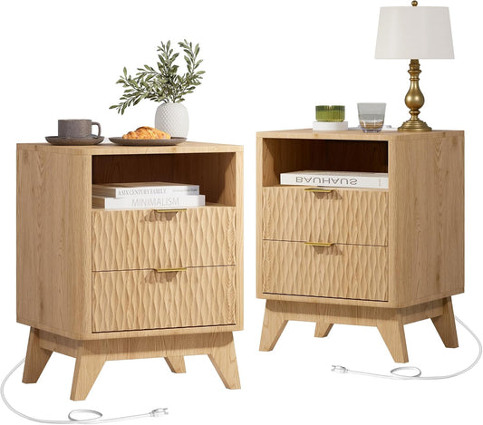 Fluted Nightstand with Charging Station, 18" Modern End Table with Storage Drawers, Bedside Table for Bedroom, Natural Oak(2 Piece)