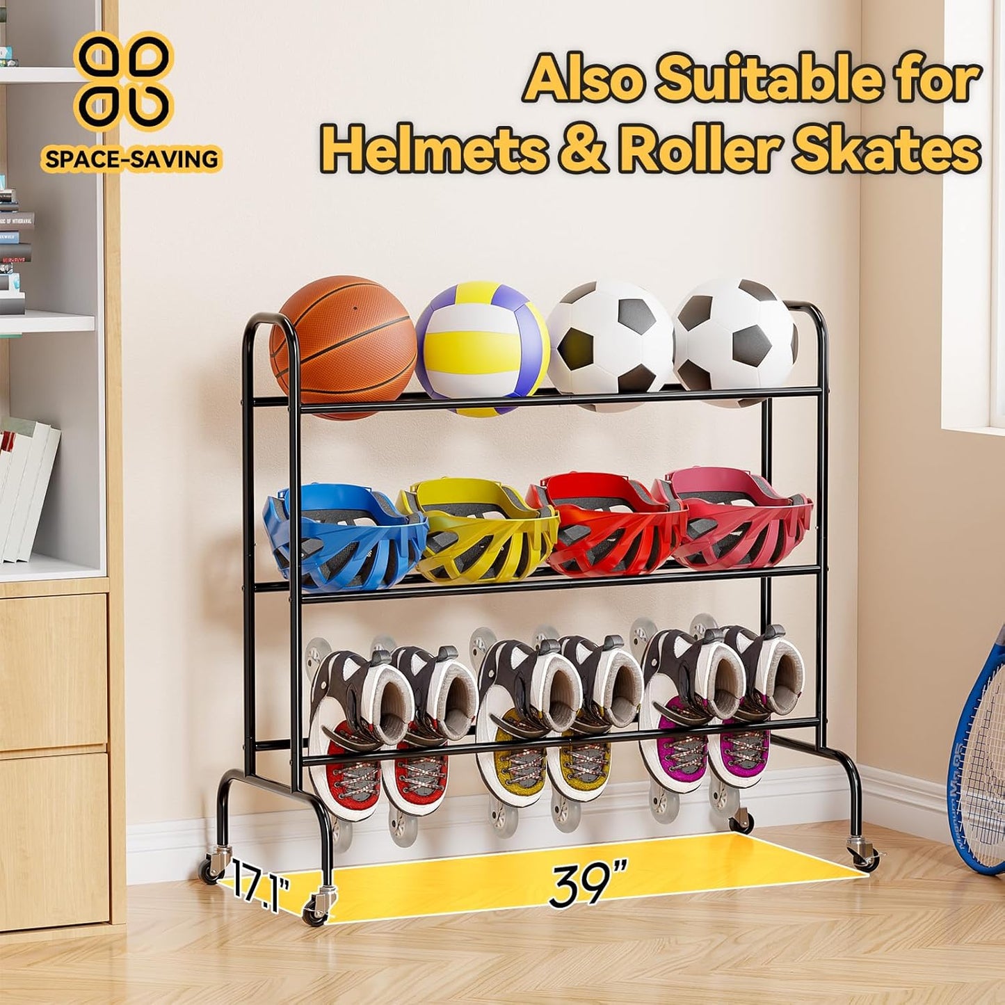SUFAUY Sports Equipment Organizer, Garage Basketball Rack, Gear & Ball Storage Rack, Outdoor and Indoor Rolling Balls Cart with Wheels