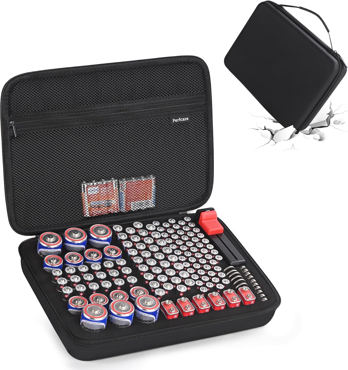 Battery Organizer Storage Case for AA AAA C D 9V, for 7 Batteries Variety Pack 111 Batteries Mesh Bag (Battery Not Included)
