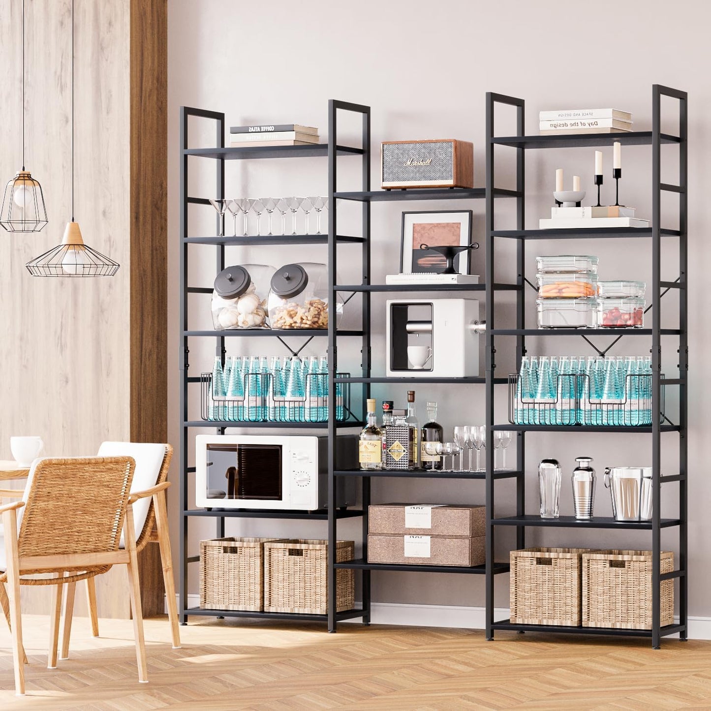 NUMENN Triple Column 6 Tier Bookshelf, Bookcase with 17 Open Display Shelves, Adjustable Rustic Industrial Style Book Shelves, Modern Bookshelves for Bedroom, Living Room and Home Office, Black