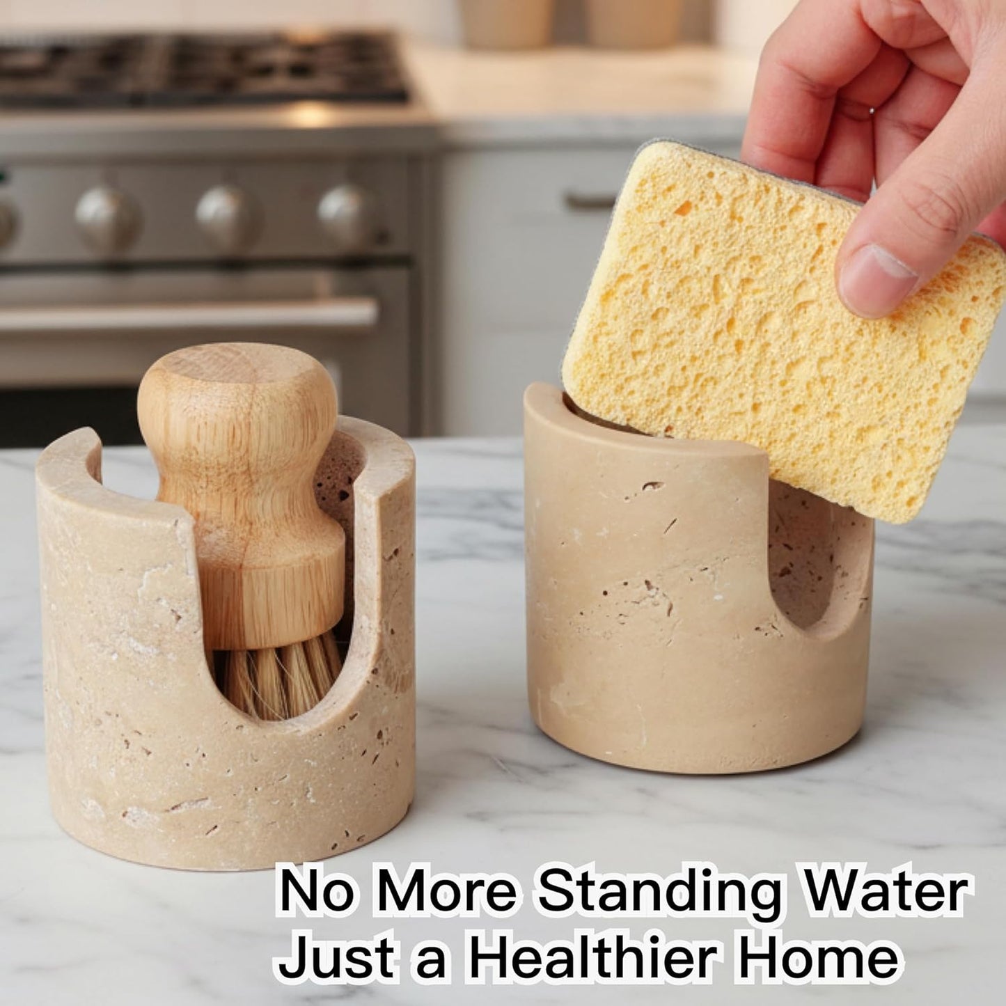Luxury Travertine Sponge Holder – Fast-Drying, Rust-Proof Kitchen Sink Caddy, Non-Slip Base, Compact Stone Sponge Caddy for Kitchen Sink Counter, Perfect Gift for Modern & Farmhouse Homes, Beige