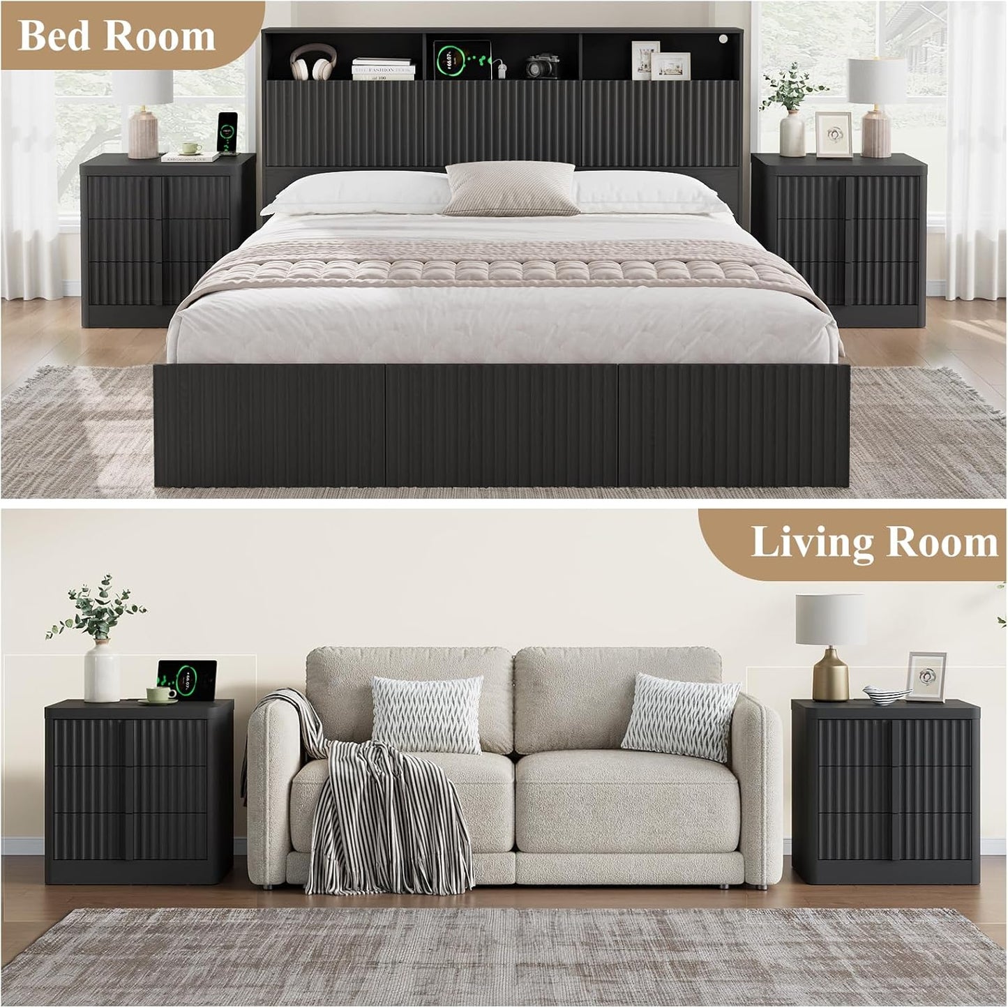 Fluted Nightstand Set of 2 with Charging Station, 23.6" Wood Bedside Table with Solid Wood Handle, Mid Century Moden End Table, 3 Drawer Dresser for Bedroom, Living Room, Black