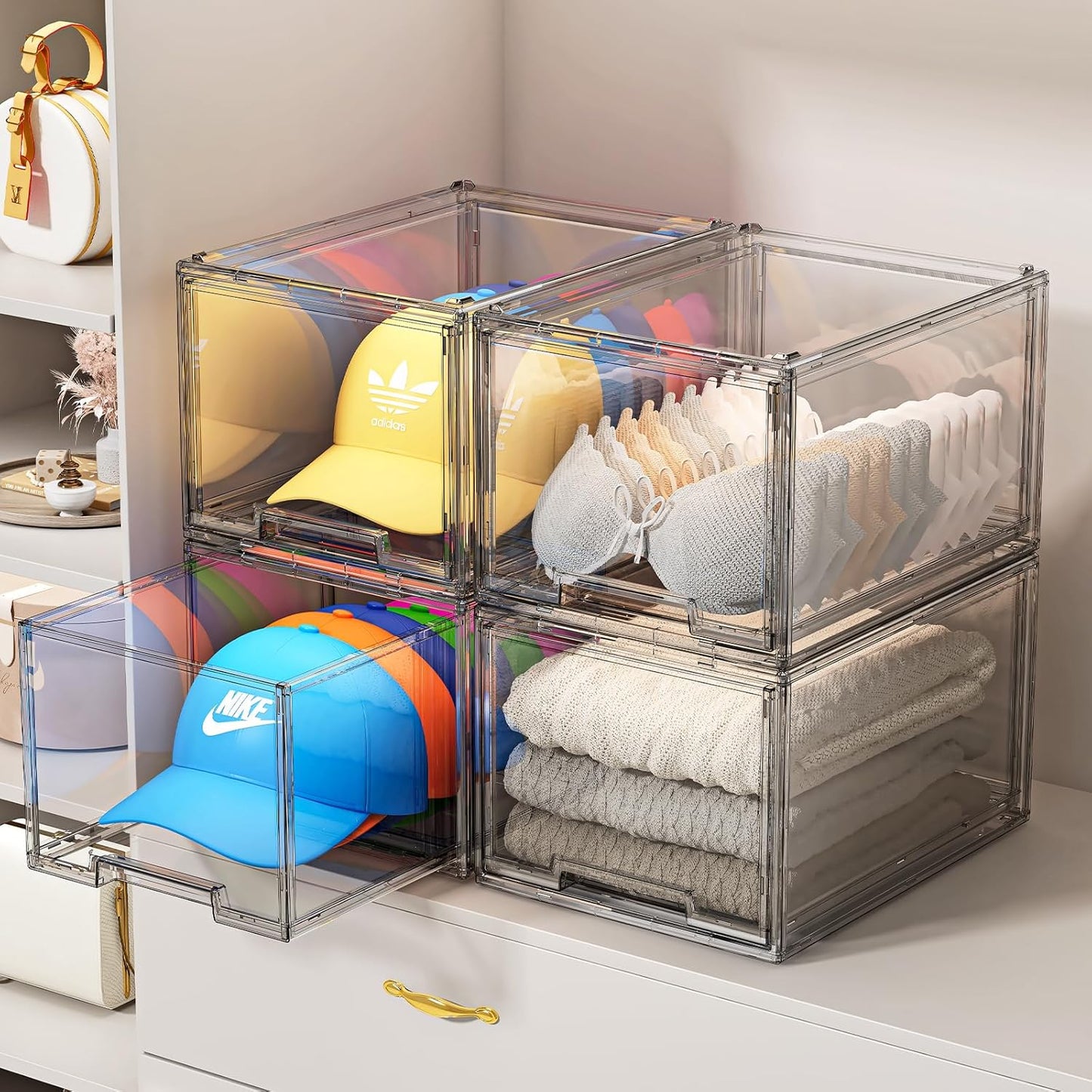 2 Pack Hat Organizer Box for Baseball Caps Organizer, Hat Organizer Box with Sliding Drawer, Hat Holder Storage Organizer, Clear Drawer Stackable for Hats Snapback Cap Storage