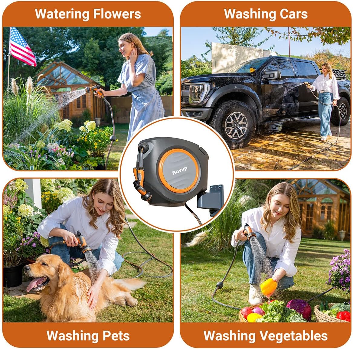 Ruvup Retractable Garden Hose Reel,1/2in x 150ft Water Hose Reel with Metal Bracket, UV Resistant Automatic Hose Reel Wall Mount for Outside, Slow Retraction Any Length Lock 10 Spray Nozzle