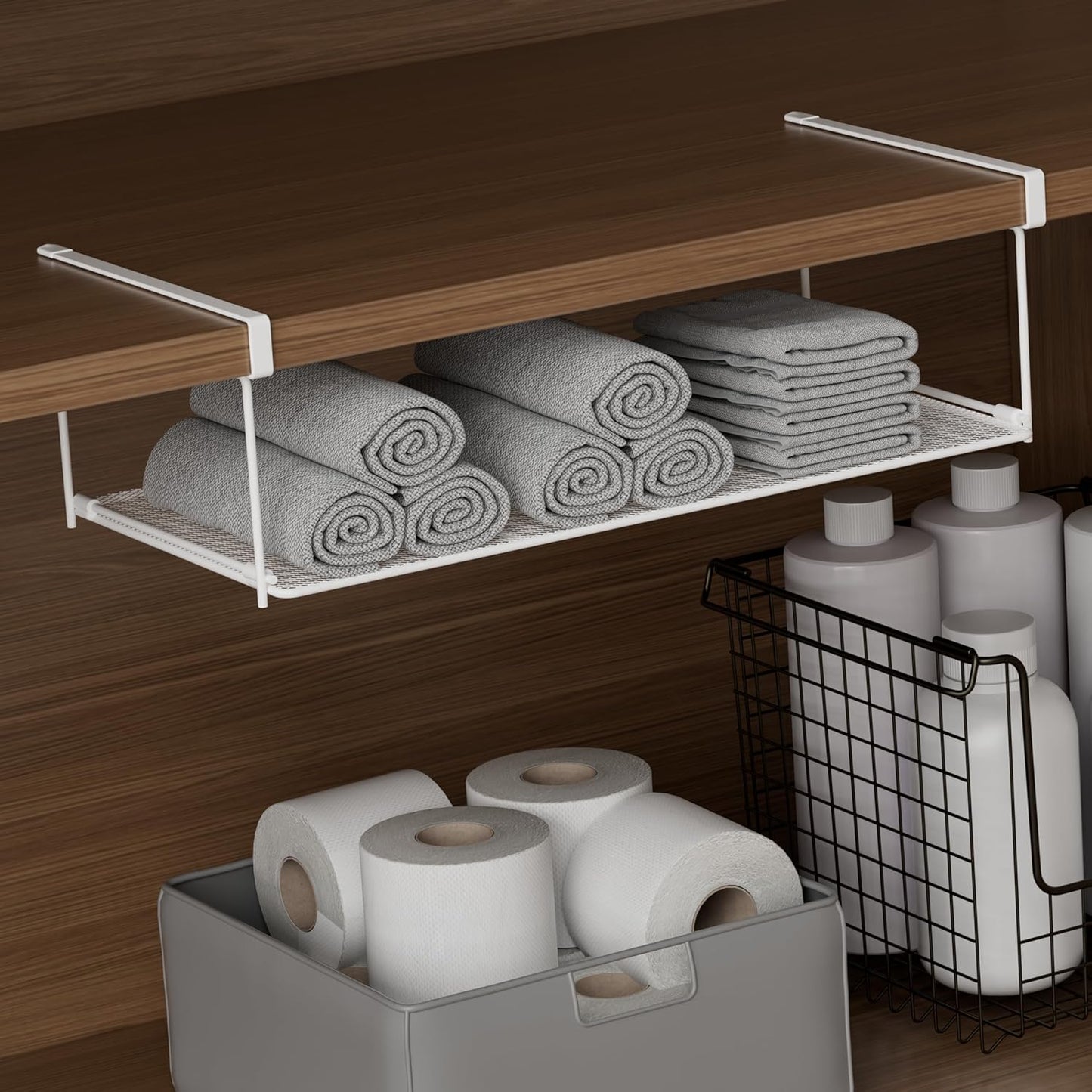 Foldable Metal Under Cabinet Organizer,Multi-Functional Hanging Storage Rack for Aluminum Foil,Plastic Wrap,Kitchen Wipes,Space-Saving,Tool-Free Install,Rust-Resistant,Ideal for Kitchen (White)