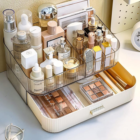 Makeup Organizer with Stackable Drawer, Cosmetic Storage Display Case for Vanity, Bathroom Countertop or Dresser,Counter top Holder for Lipstick, Brushes, Lotions, Eyeshadow, Nail Polish