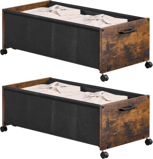 Under Bed Storage with Wheels, Wooden Under Bed Drawers On Wheels, Rolling Under Bed Shoe Storage, Space Saving, Rustic Brown,Quadruple Size,90L