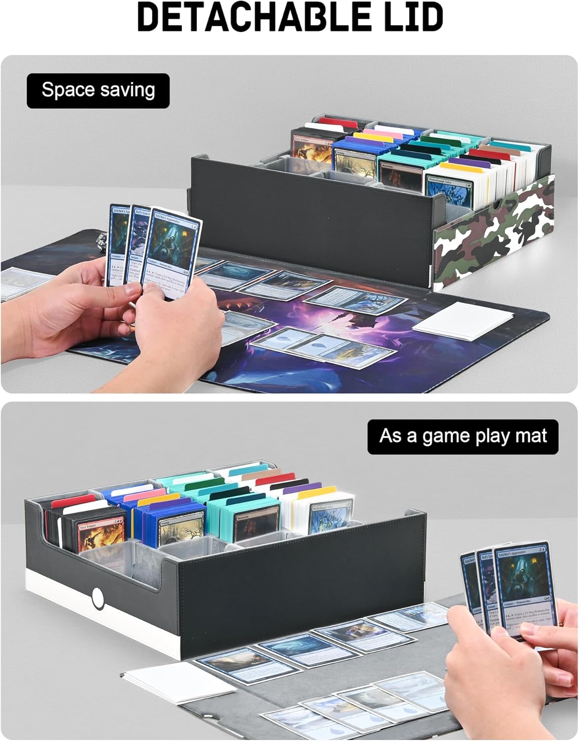 ZLCA Card Storage Box for MTG PTCG, Commander Deck Box Holds 3200+, Deck Storage Case with 4 Stoppers(Camouflage& White)