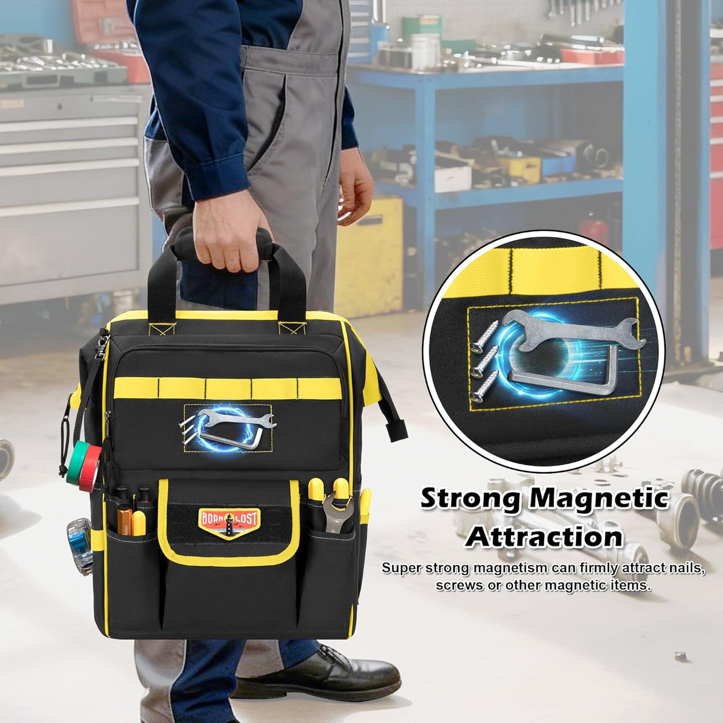 Tool Bag Backpack with Zipper Pouch and Magnetic Attraction Area, Heavy-Duty Tool Storage Organizer Bag, Tactical Work Tool Bag for Electrician, Repairman, HVAC Techs, Black