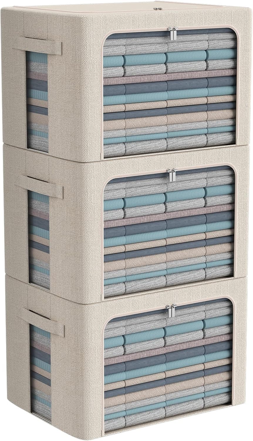 CYhom 3Pack Foldable Storage Bins - Frame Storage Box Linen Fabric Stackable Clothes Container Organizer with Clear Window & Carry Handles Large Capacity (Large-66L, Beige)