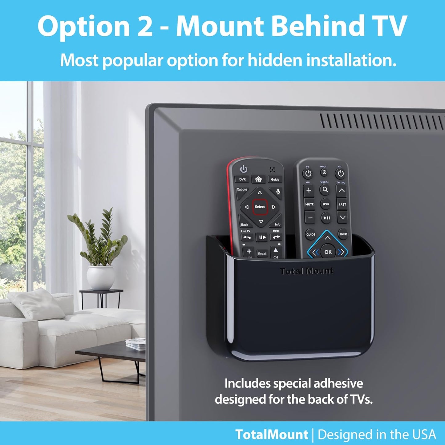 TotalMount Universal Remote Control Holder – Attaches to Wall or Back of TV – Compatible with All TV Remotes (Premium Black, Large)