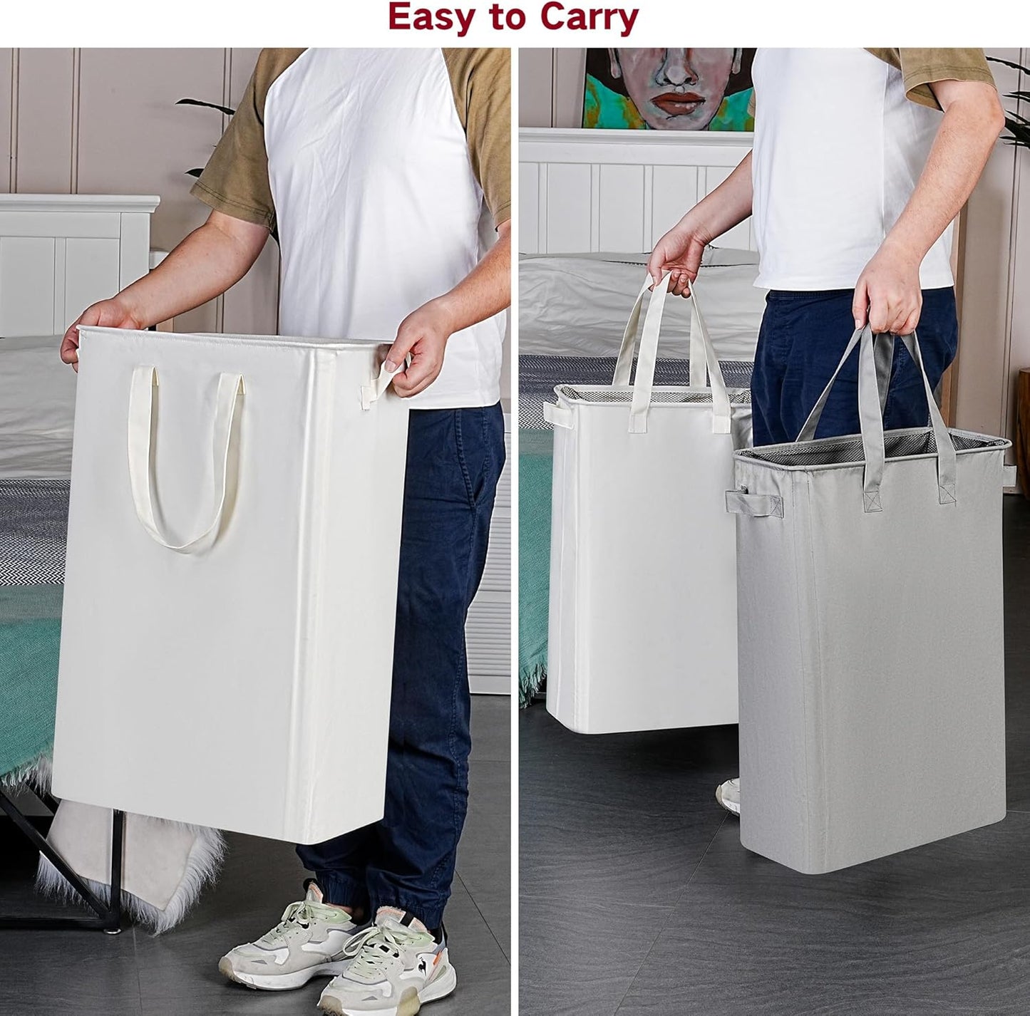 efluky Slim Laundry Basket, Narrow Laundry Hamper with Handles, Collapsible Dirty Clothes Hamper, Tall Laundry Bin for Laundry Room, Dorm and Bedroom, 19.8 Gallon (75L) Beige