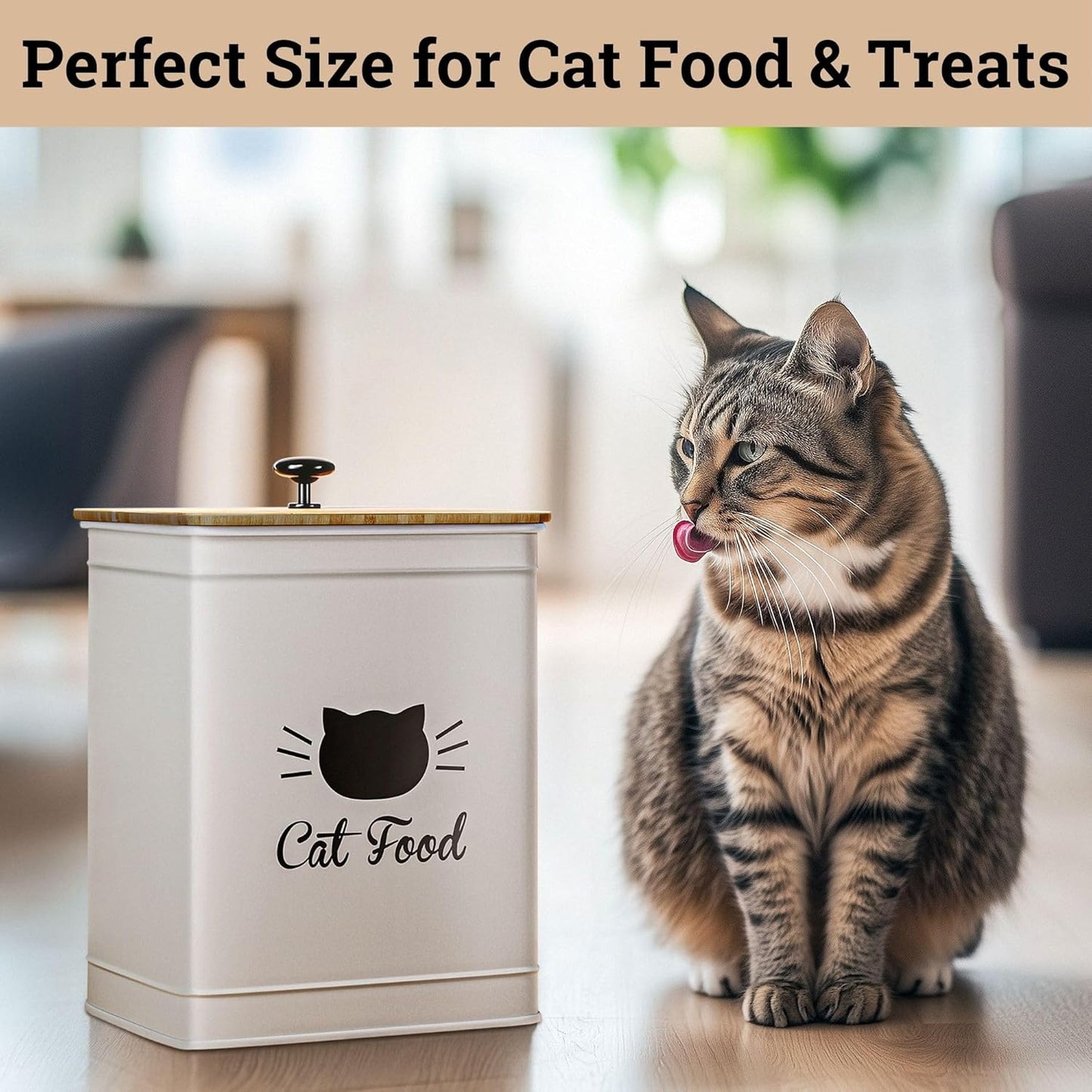 Cat Food Storage Container with Scoop - 5-7 lb (25 Cup) Capacity Metal Cat Food Container with Airtight Bamboo Lid and Metal Scoop - Airtight Pet Food Storage Containers 5 lb - 7 lb Kibble Container