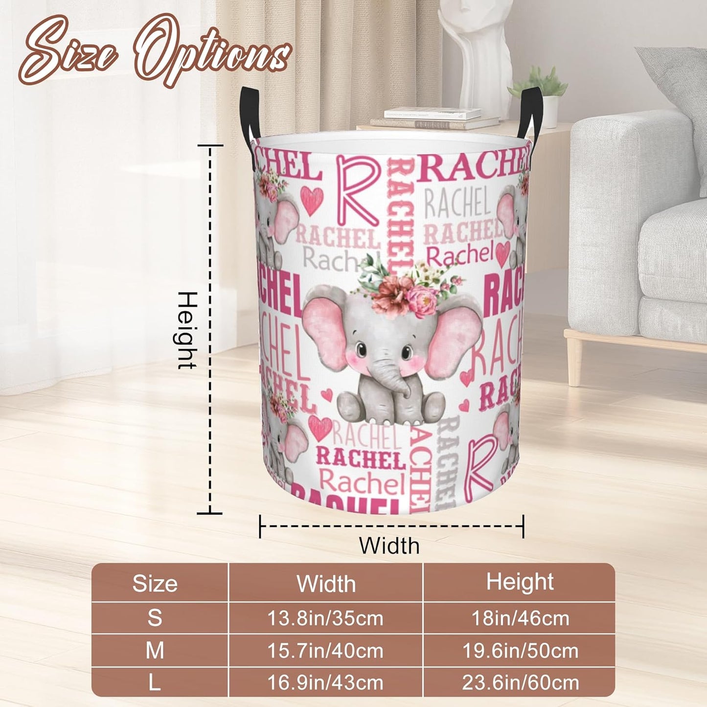 Custom Name Laundry Hamper, Personalized Elephant Laundry Basket with Name for Boys Girls Kids Men Women, Customized Name Dirty Clothes Basket Gifts for Clothes Toy Bathroom Bedroom Laundry Room Dorm