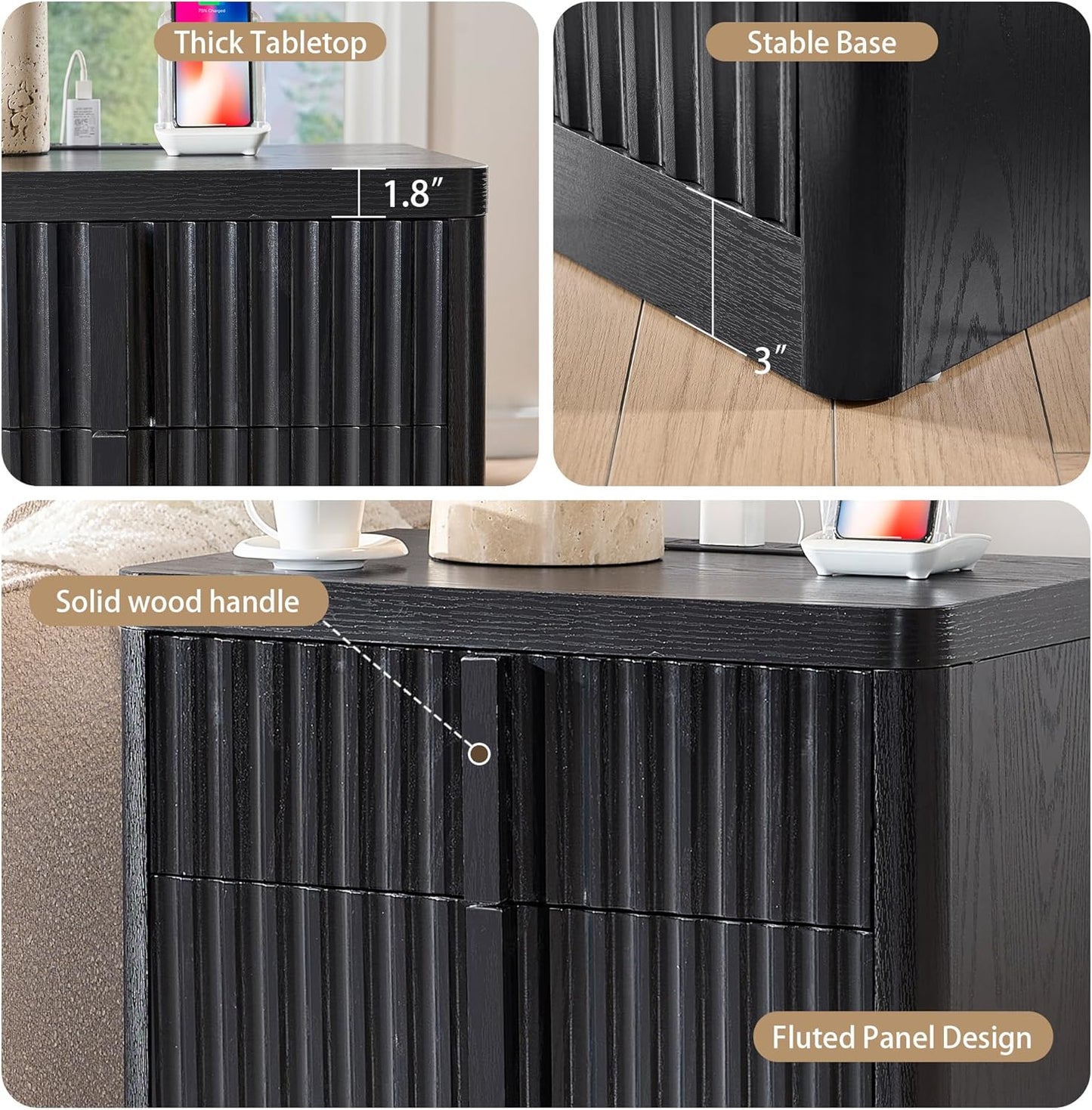 23.6" Nightstand Set of 2 with Charging Station, Side Table with 3 Storage Drawers, Mid Century Modern Night Stand with Solid Wood Handle, Bedside End Table for Bedroom, Living Room, Black