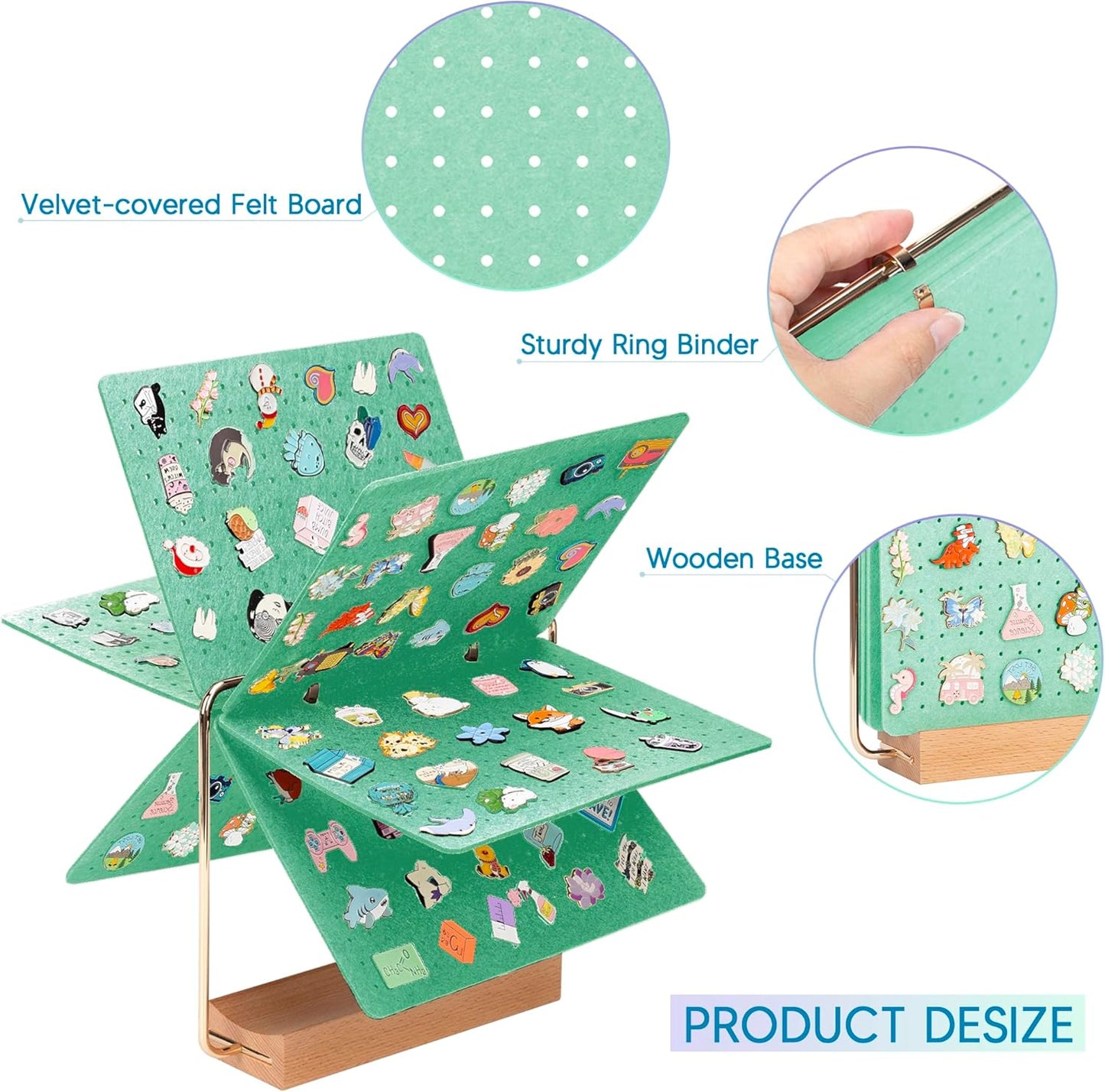 PACMAXI Pin Display Organizers, Brooch Pin Holder, Enamel Pin Display Pages for Store 180+ Pins, Pin Collection Storage Calendar Wooden Stand with 6 Pages (Not Include Any Accessories)（Green）