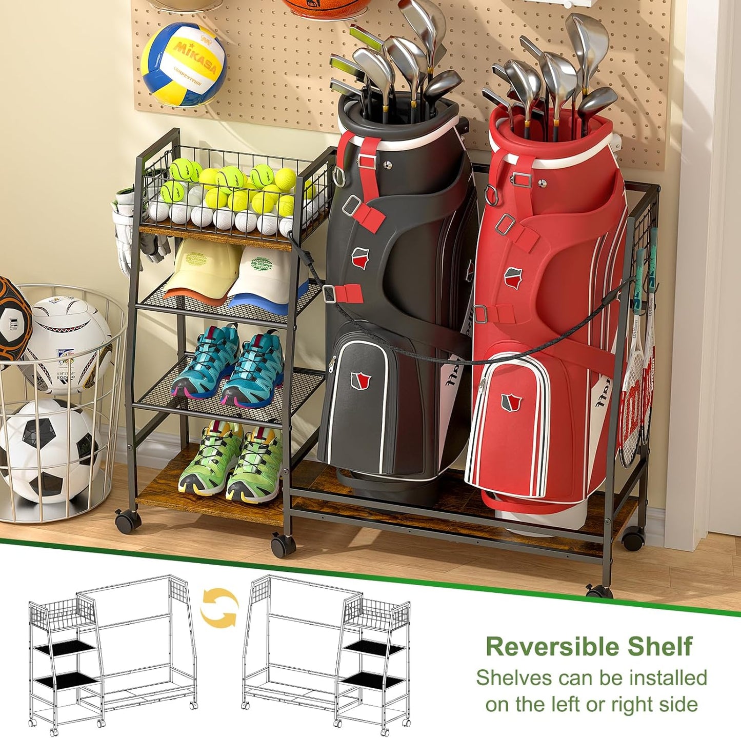 Golf Bag Storage Rack for Garage with Wheels, Organizer for Golf Bag and Equipment Accessories, Golf Organizer Stand Ideal for Home, Garage, Club, Shed, Basement - Sturdy and Durable (Black)