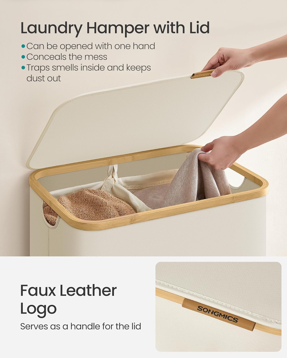 SONGMICS Laundry Hamper with Lid, 2-Section Large Laundry Basket, 34.3-gallon (130L), Removable Mesh Liner, Bamboo Handles, Collapsible, 20.5 x 15.2 x 27.8 Inches, Cream White ULCB513W01
