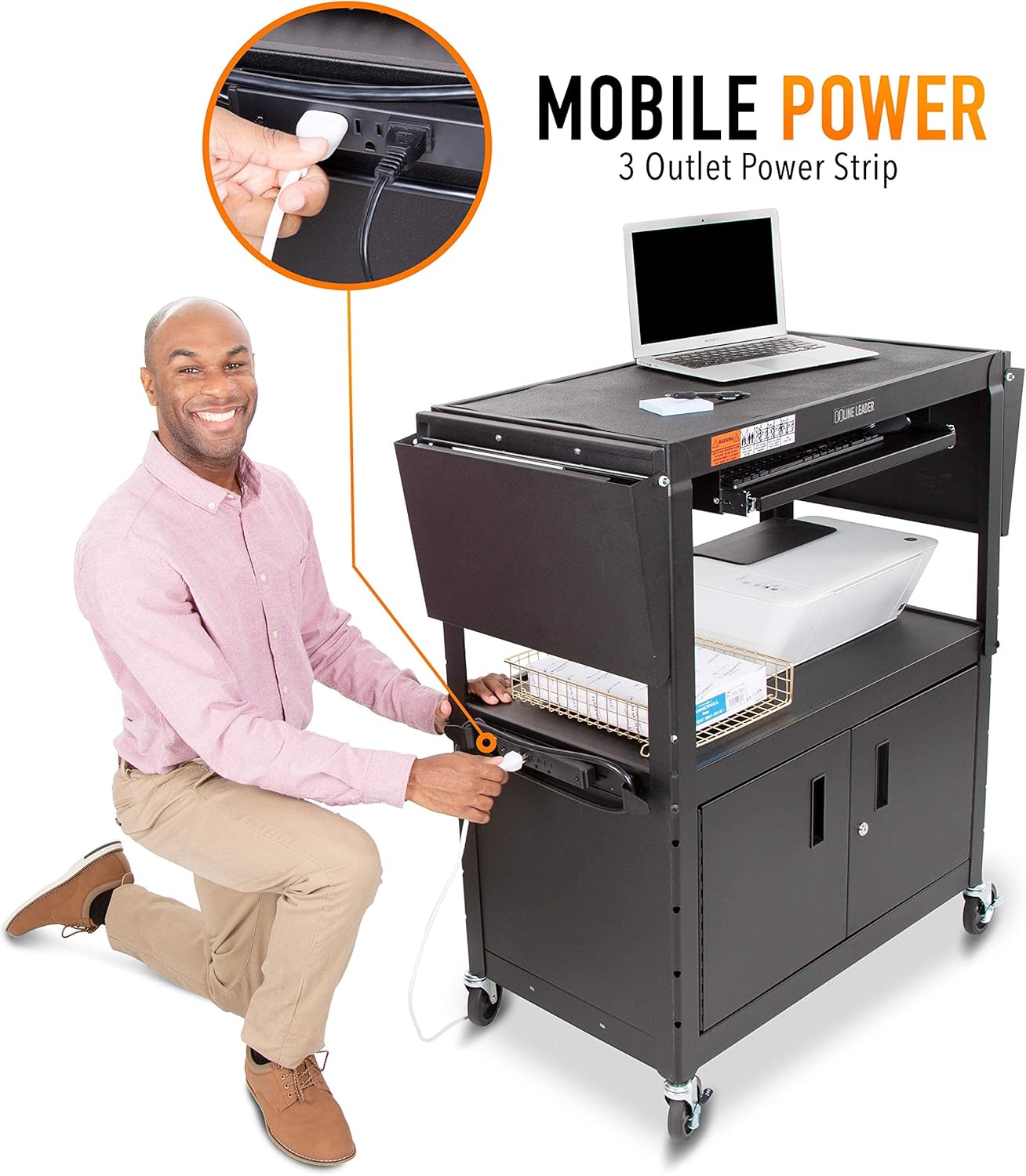 Line Leader Large AV Cart with Locking Cabinet & Drop Leaves, Rolling Height Adjustable Utility Cart with Pullout Laptop Keyboard Tray & Cord Management, Narrow Mobile Workstation (Black, 54 x 18)