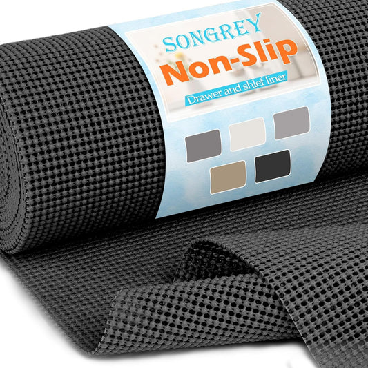Songrey Non-Adhesive Drawer and Shelf Liner, Non Slip Cabinet Liners, Protect Kitchen Cupboard, Bathroom Drawers, Breathable, Thick Strong Grip mat (23.6IN x 20FT, Black)