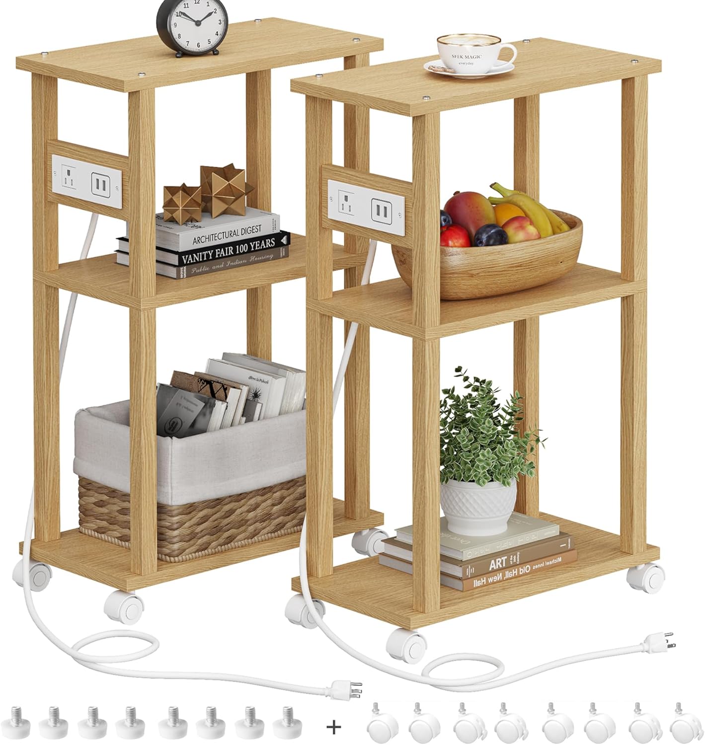 TUTOTAK Small Narrow Side Table with Charging Station, Skinny End Table for Small Spaces, Slim Nightstand with USB Ports and Outlet, Sofa Beside Table with Wheels, Natural TB01BN047