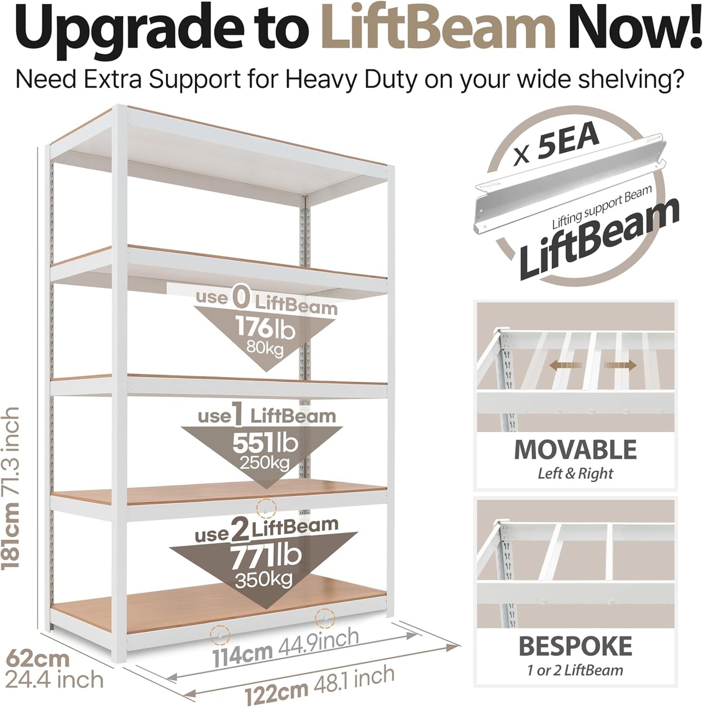 HOMEDANT House Lift-Beam White Boltless Heavy Duty Garage Storage Shelving Adjustable 5-Tier Metal Shelves Laminated Shelf Industrial Utility Rack Pantry 48.1" W x 24.4" D x 71.3" H 1Pack