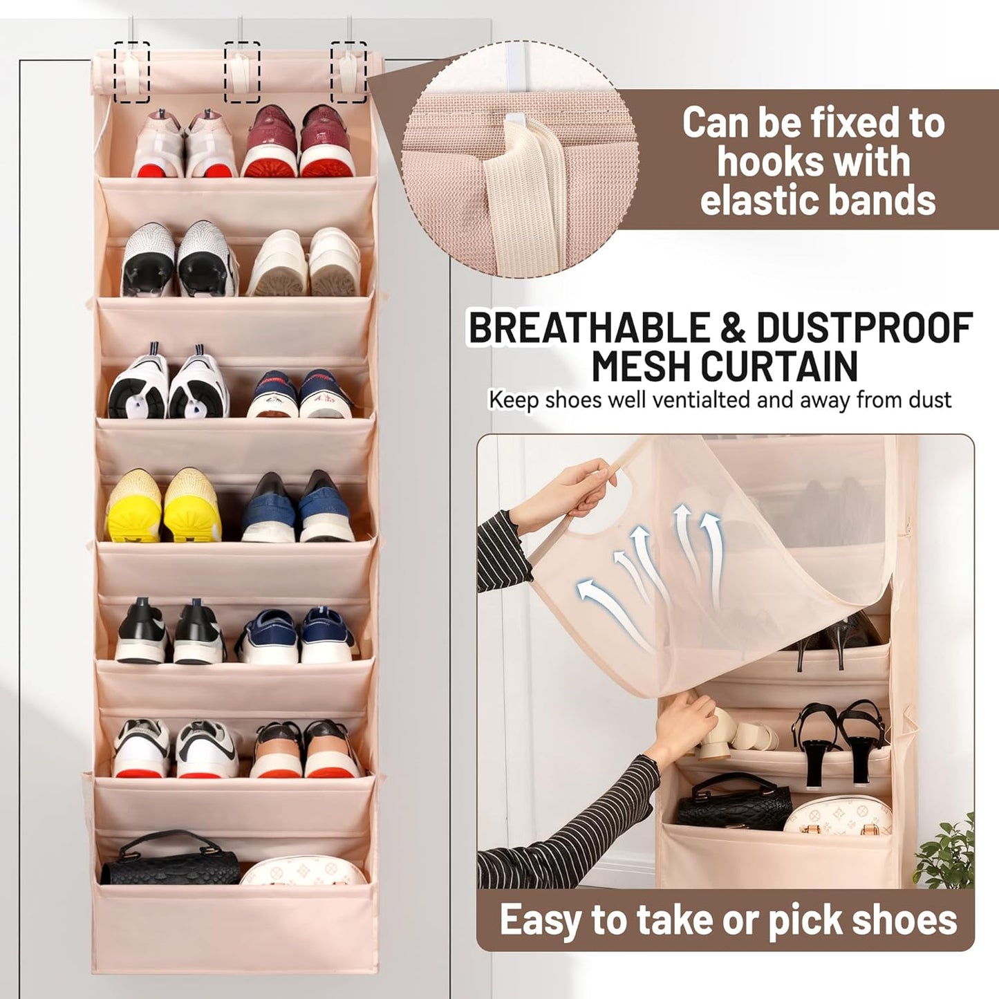 7 Tier Over The Door Shoe Organizer, Hanging Shoe Rack for Closet with Dustproof Mesh Curtain & 6 Side Pockets, Behind The Door Narrow Shoe Holder Hanger for Sneakers, Boots (Beige)