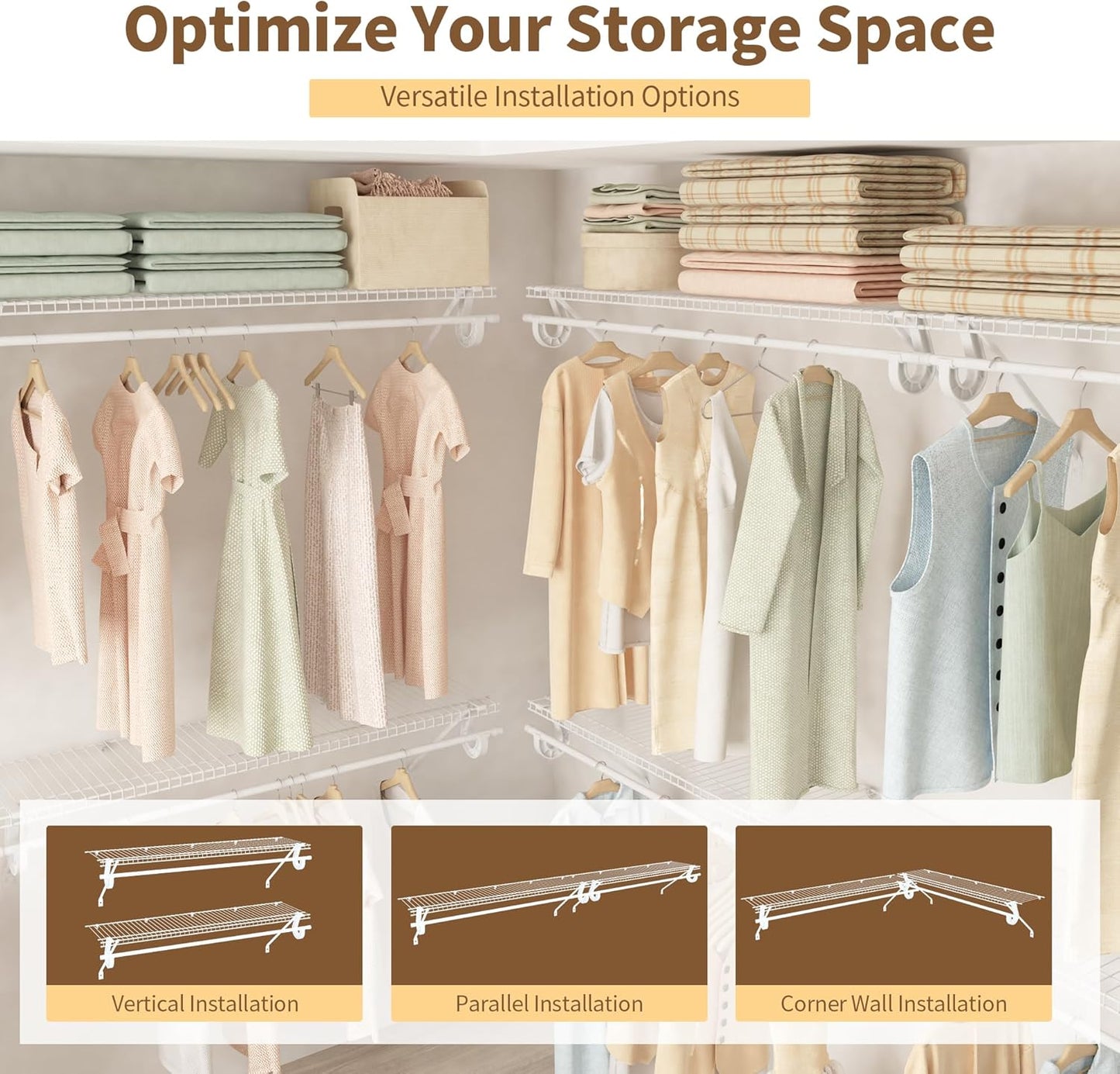 Closet Shelves Wall Mounted with Hanging Rod, 4 Pack 4 ft x 12 in White Wire Shelving Kit, Metal Wall Shelf Organizer for Home, Pantry, Laundry Room Storage