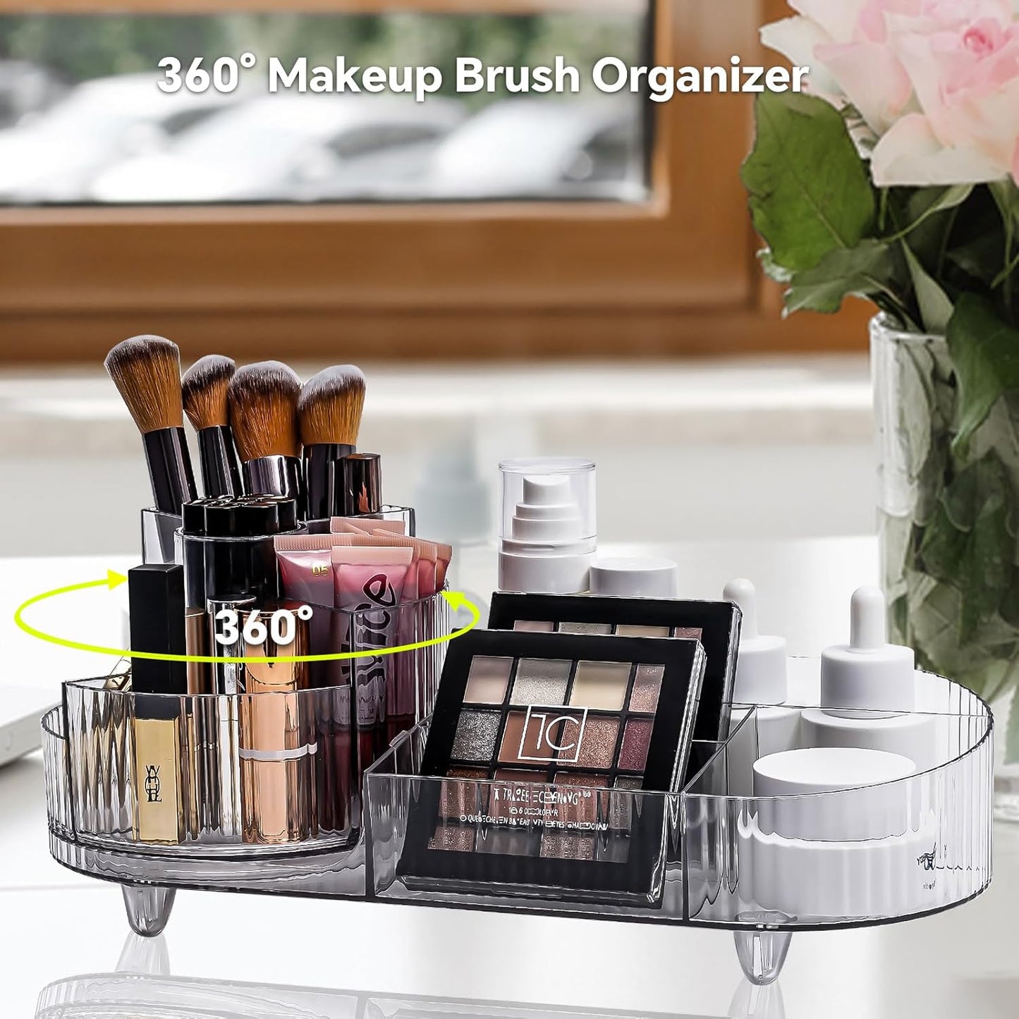 Cosmetic Makeup Storage Organizer, Countertop Makeup Perfume, Rotating Makeup Organizer for Vanity with Brush Holder, Lotions Display Case, Large Spinning Makeup Skincare Organizer (Transparent)