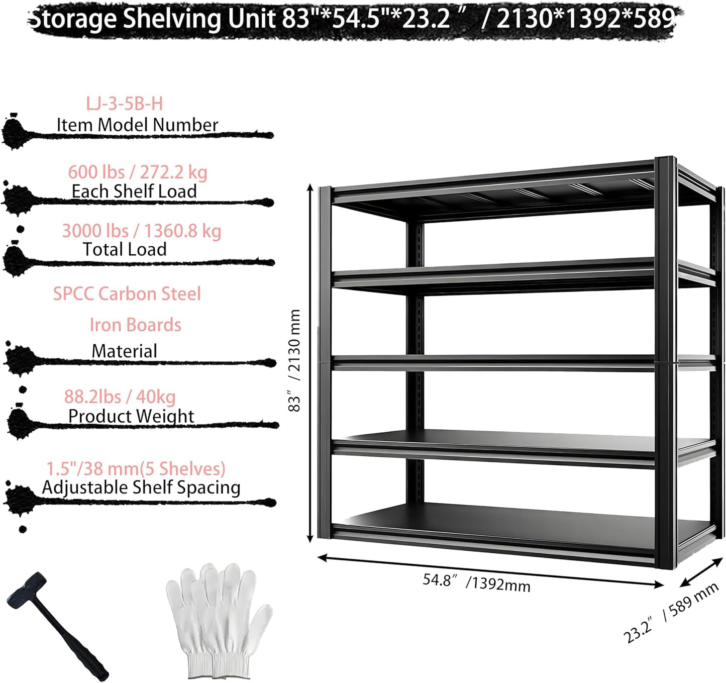 Storage Shelving Unit Heavy Duty Garage Shelves Metal Organizer Utility Rack for Kitchen Pantry Basement Pantry Warehouse Laundry Black 83" H x 55" W x 23.2" D 3000LBS 5-Tier