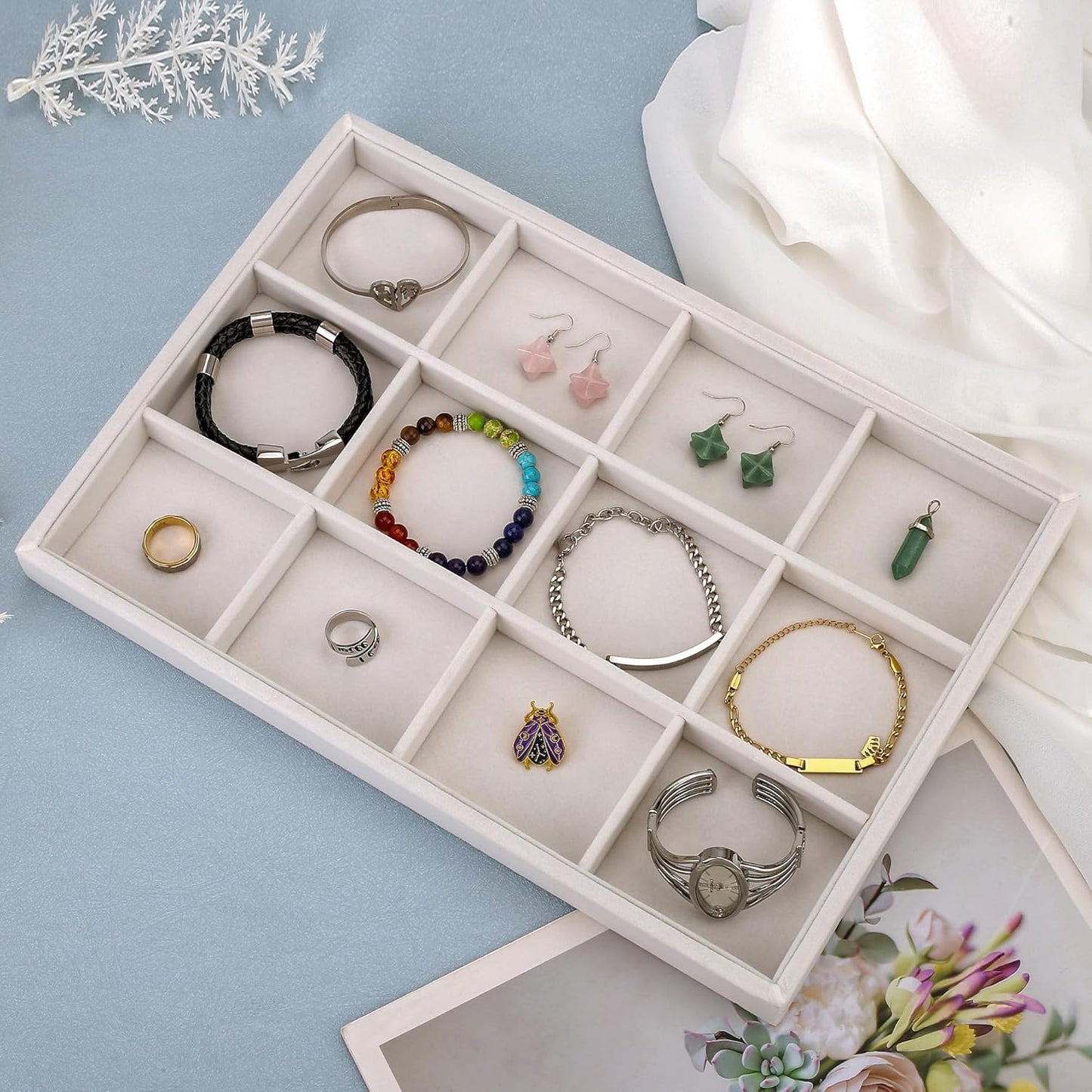 Mornajina 12 Grids Velvet Jewelry Tray Jewelry Display Tray, Stackable Empty Plate Trays for Earrings Necklaces Bracelet Rings Display Showcase - Beige
