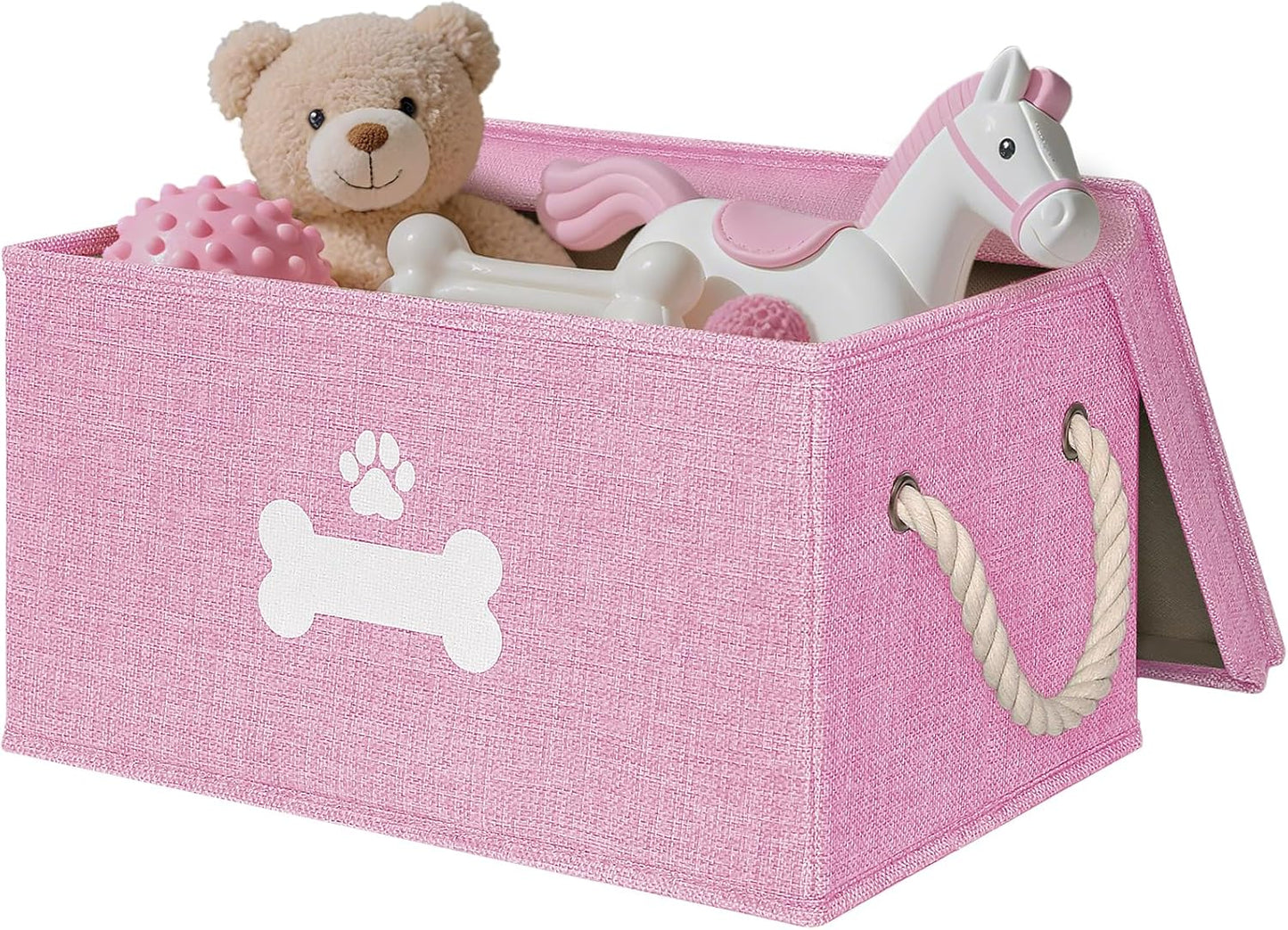 Dog Toy Basket with Lid, Dog Basket for Toys, Dogs Toy Box with Cotton Rope Handles, Collapsible Storage Bins for Pet Toys, Dogs Storage Organizer, Pink