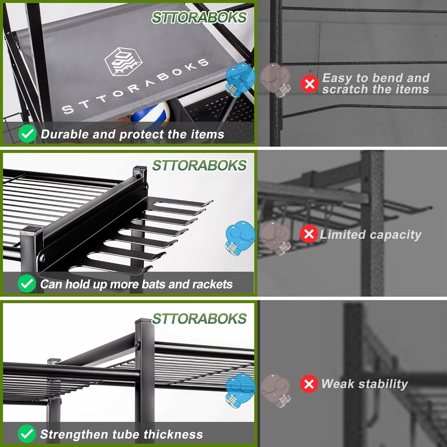 Garage Sports Equipment Organizer, Heavy Duty Ball Storage Rack with Baskets & Hooks, Golf Bag Stand for 2 Bags, Outdoor & Indoor Sports Organizer for Kids Toys,Basketball,Football,Gym & Fitness Gear
