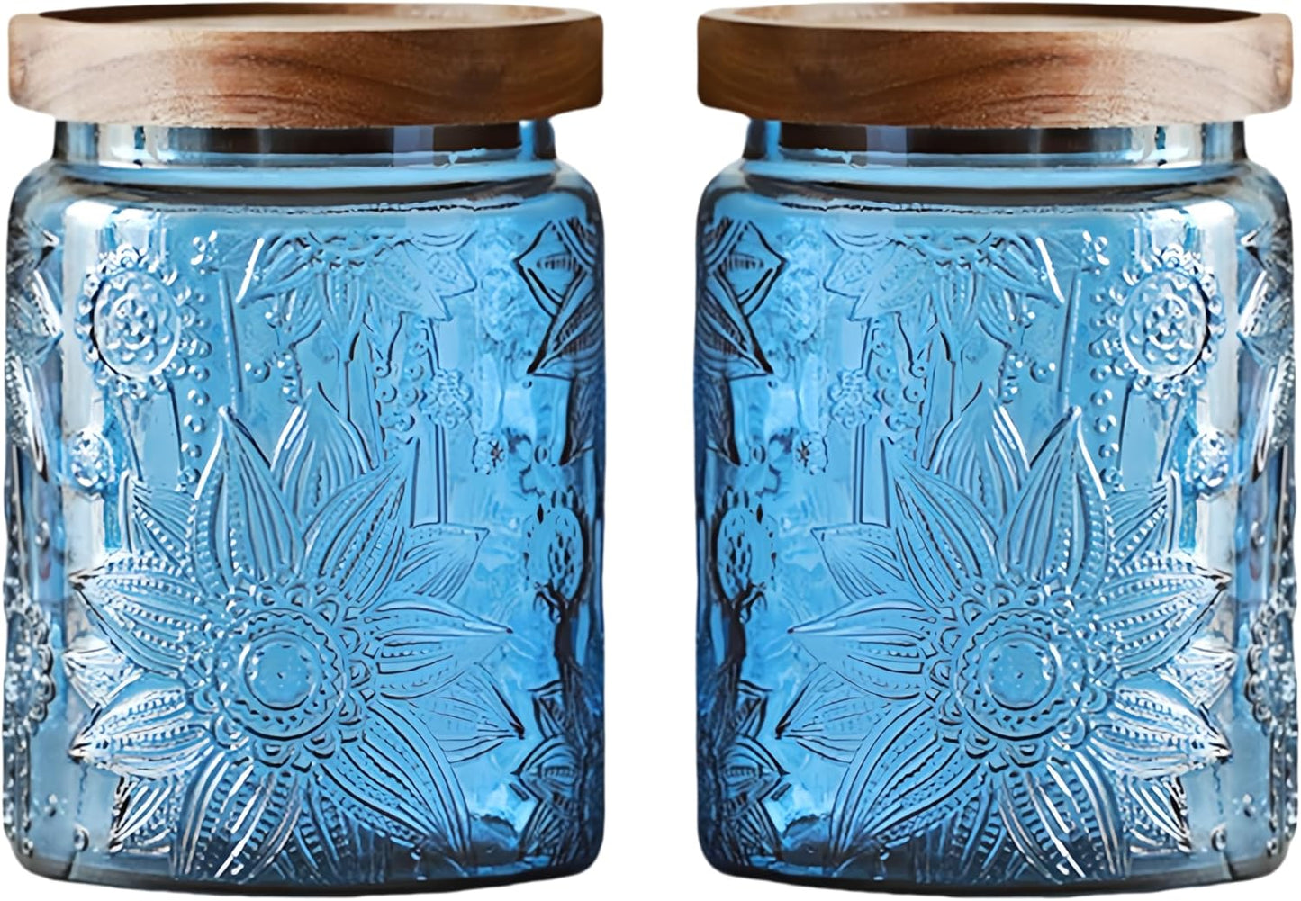 Set of 2 Vintage Blue Glass Storage Jars, 23.7 oz Mason Jars with Lids for Kitchen Pantry, Candy, Flour, Coffee, Pet Food, Decorative Kitchen & Home Decor (Blue, 2 Pack)