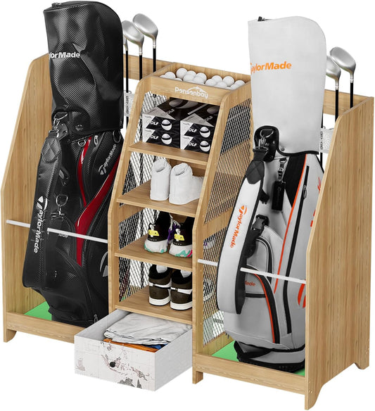 Golf Bag Storage Organizer for Garage, Premium Wooden 2 Golf Bags Rack with Drawer, Easy Assemble Golf Club Stand/Holder Suitable for Garage Home Simulator and Office