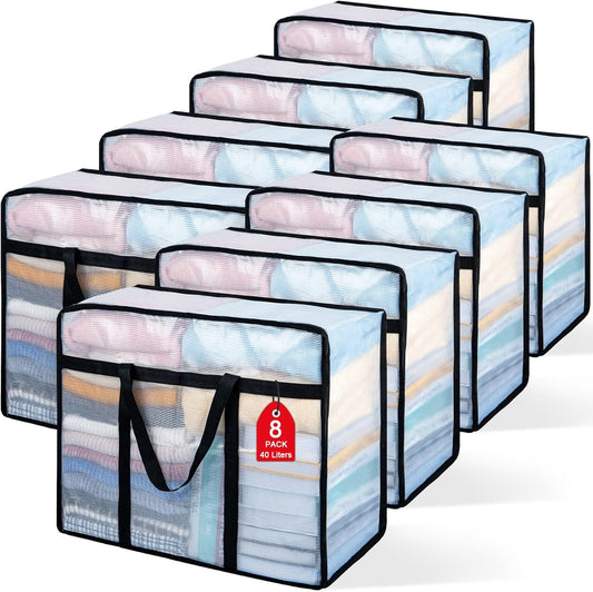 8 Pack Clear Blanket Storage Bags with Zipper, Vinyl Foldable Moving Bags Closet Organizers and Storage Containers for Bedding, Blankets, Comforters, Clothing, Toys, Quilt, Duvet, 40L