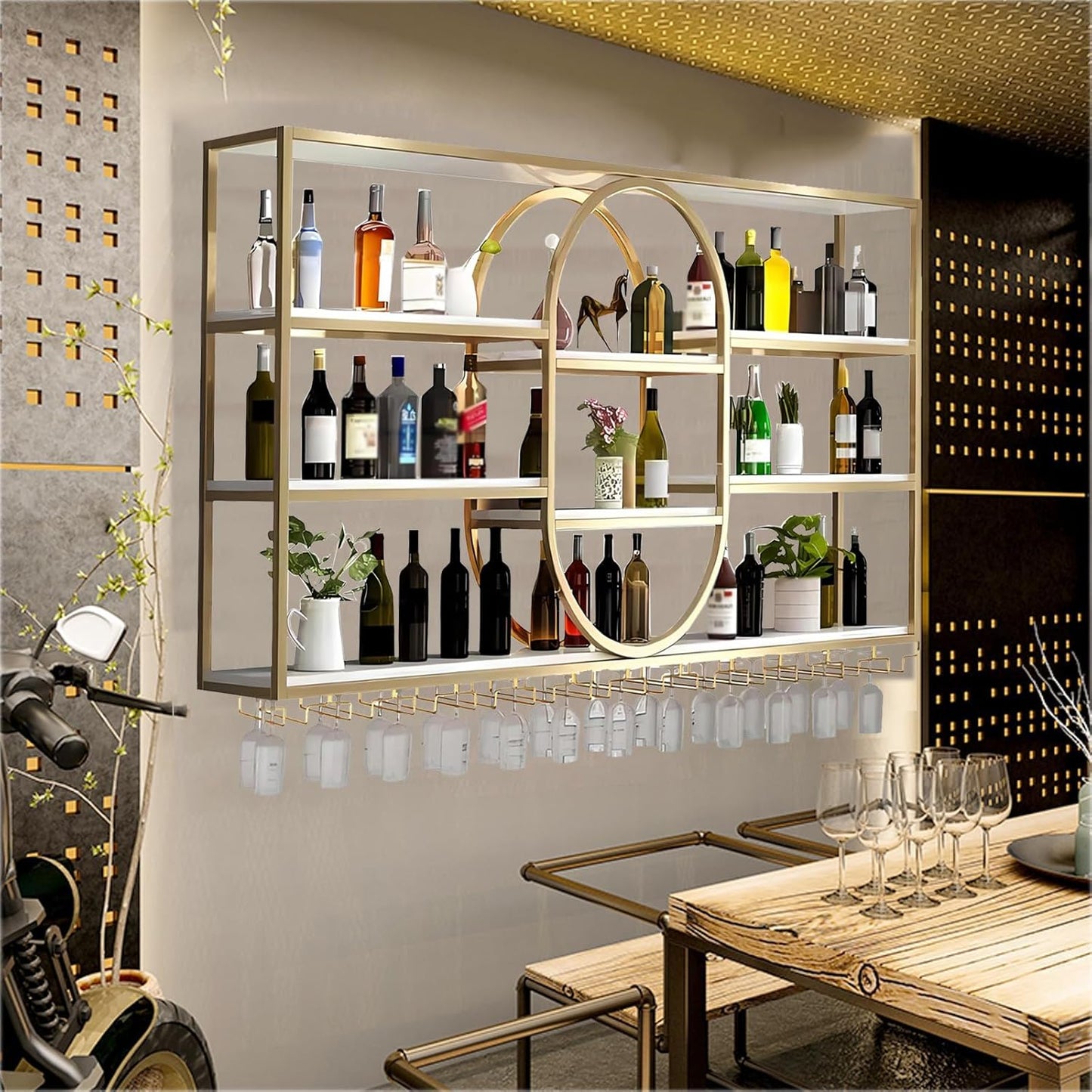 Large Wall Mount Wine Rack, Metal 4 Tier Large Capacity Hanging Bar Rack with Wine Glass Holder, Oval Wine Bottle Storage Display Rack for Kitchen, Living Room, Home (Gold, 47.2in)